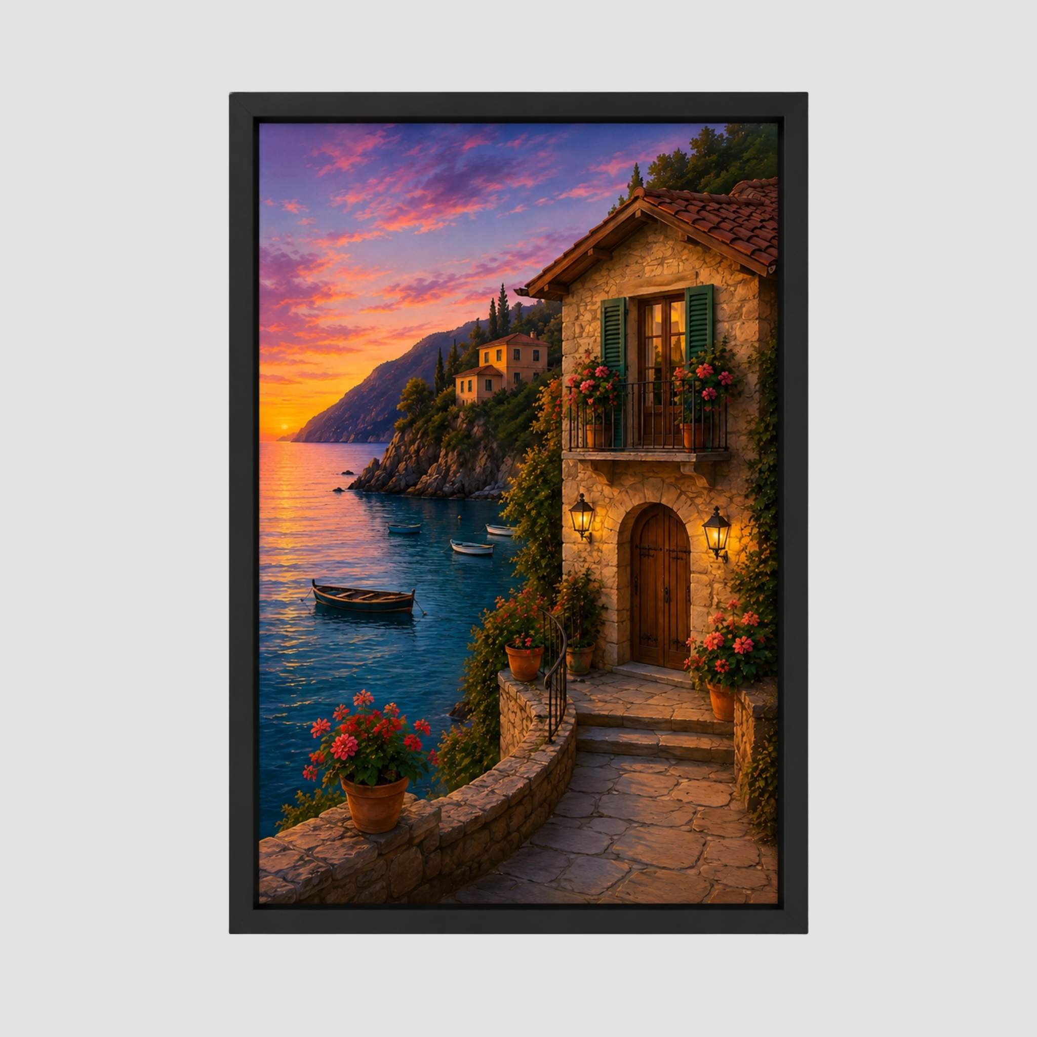 Sunset Retreat Amalfi Coast wall art in a slim black wood frame with a glowing seaside villa and blue water.