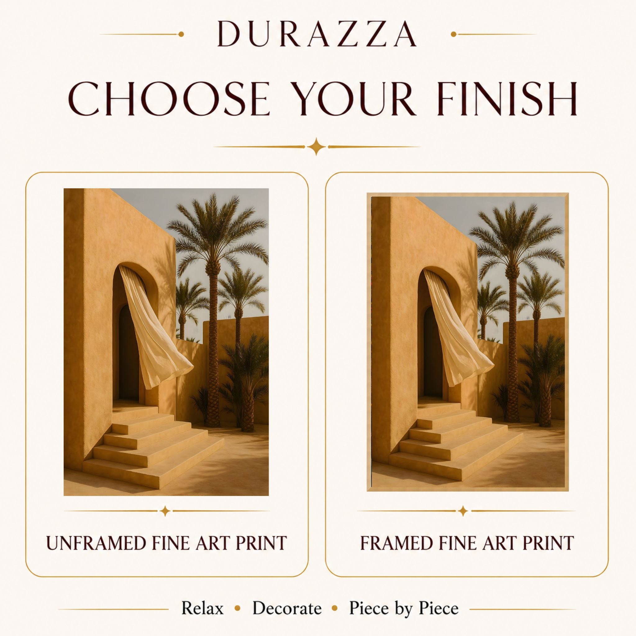 Durazza fine art prints showing an unframed and framed version of a desert scene with palm trees.