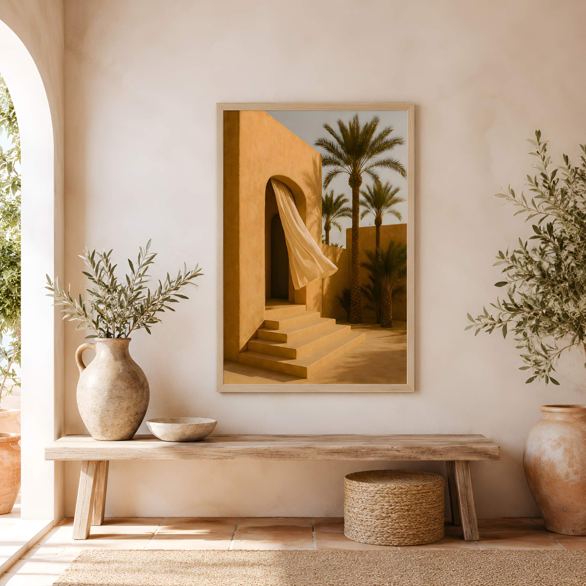 Moroccan desert wall art sitting above a wooden bench, vase, and woven basket against a wall.