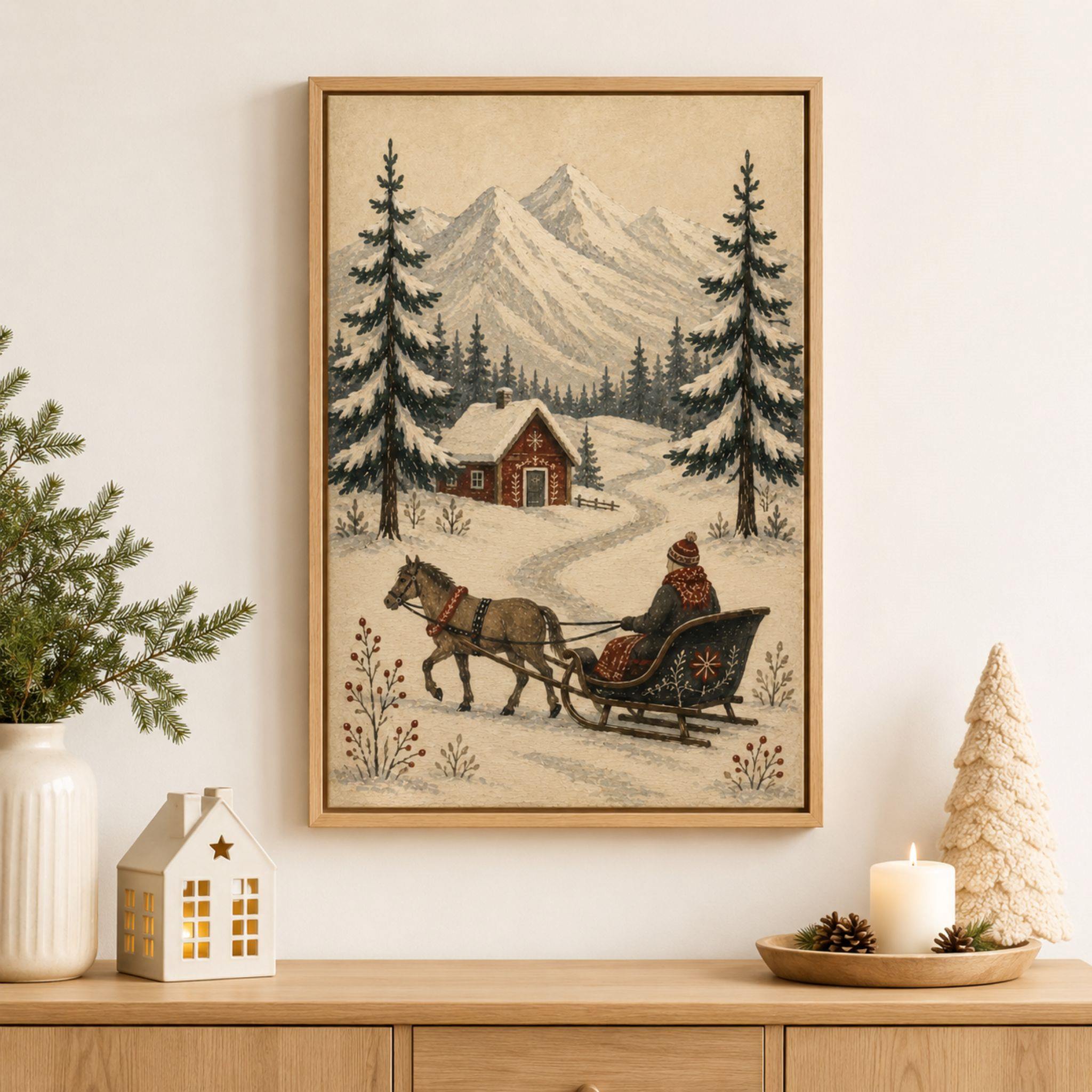 Framed snowy winter wall artwork with a horse and sleigh on a wall above a wooden shelf.