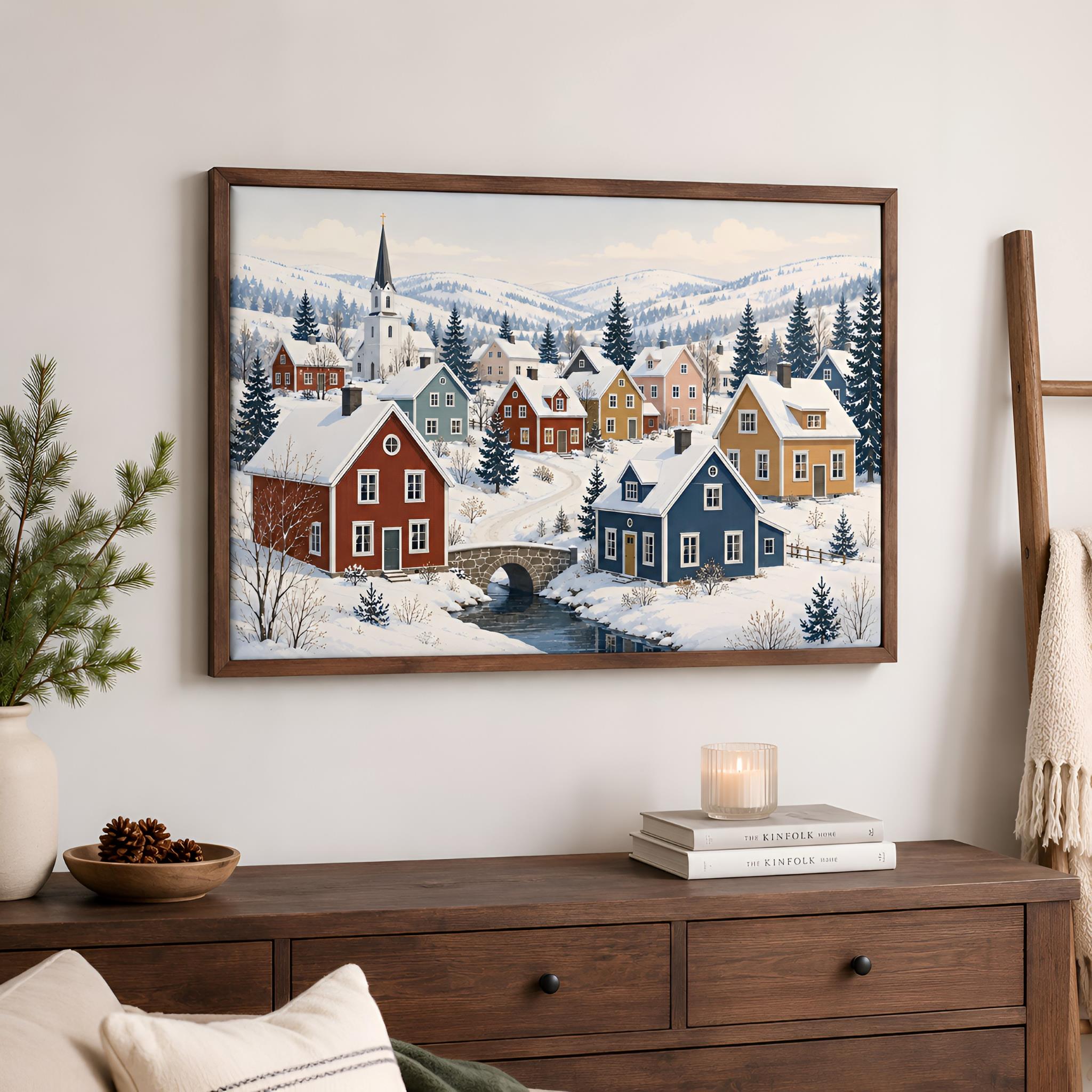 Scandinavian Winter Chapel Canvas Art 24x16 | Snowhaven