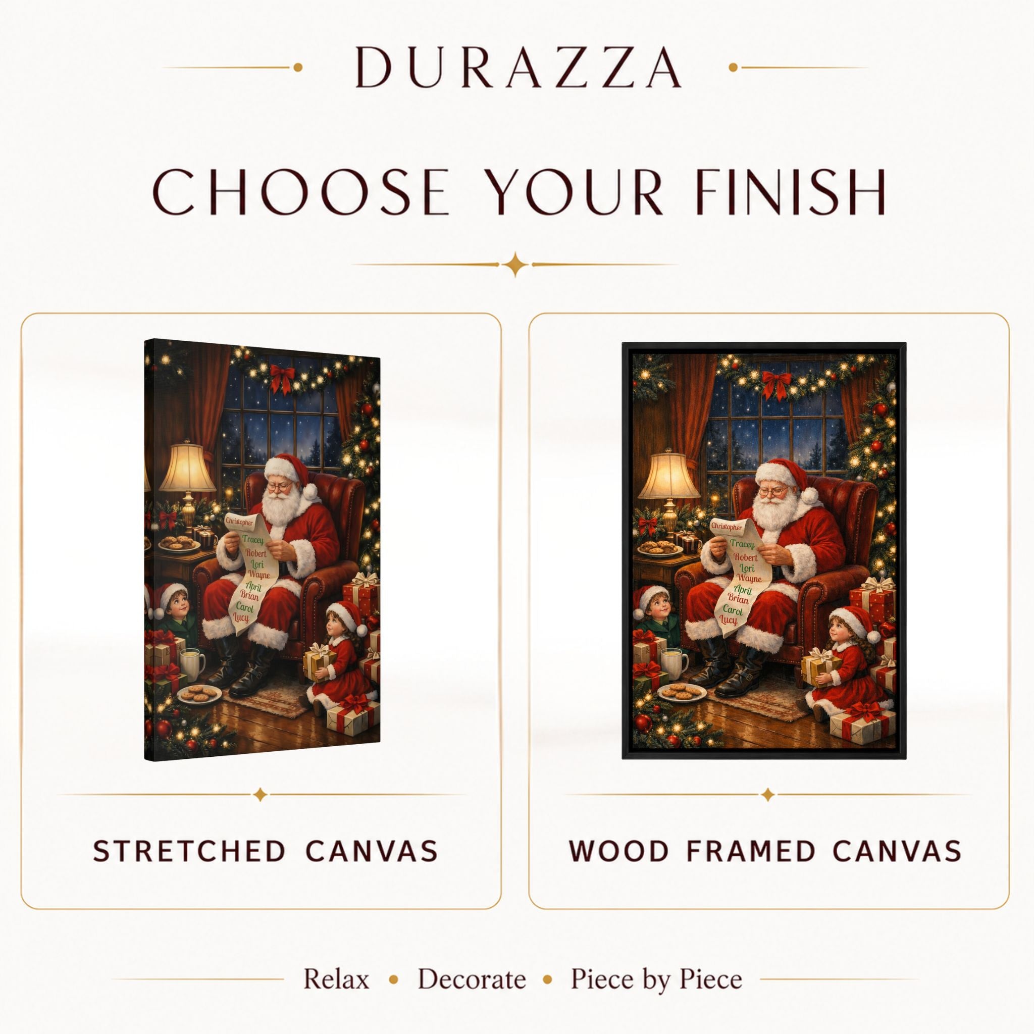 Two canvas options for 'Durazza' with Santa Claus and children, one stretched and one wood framed.