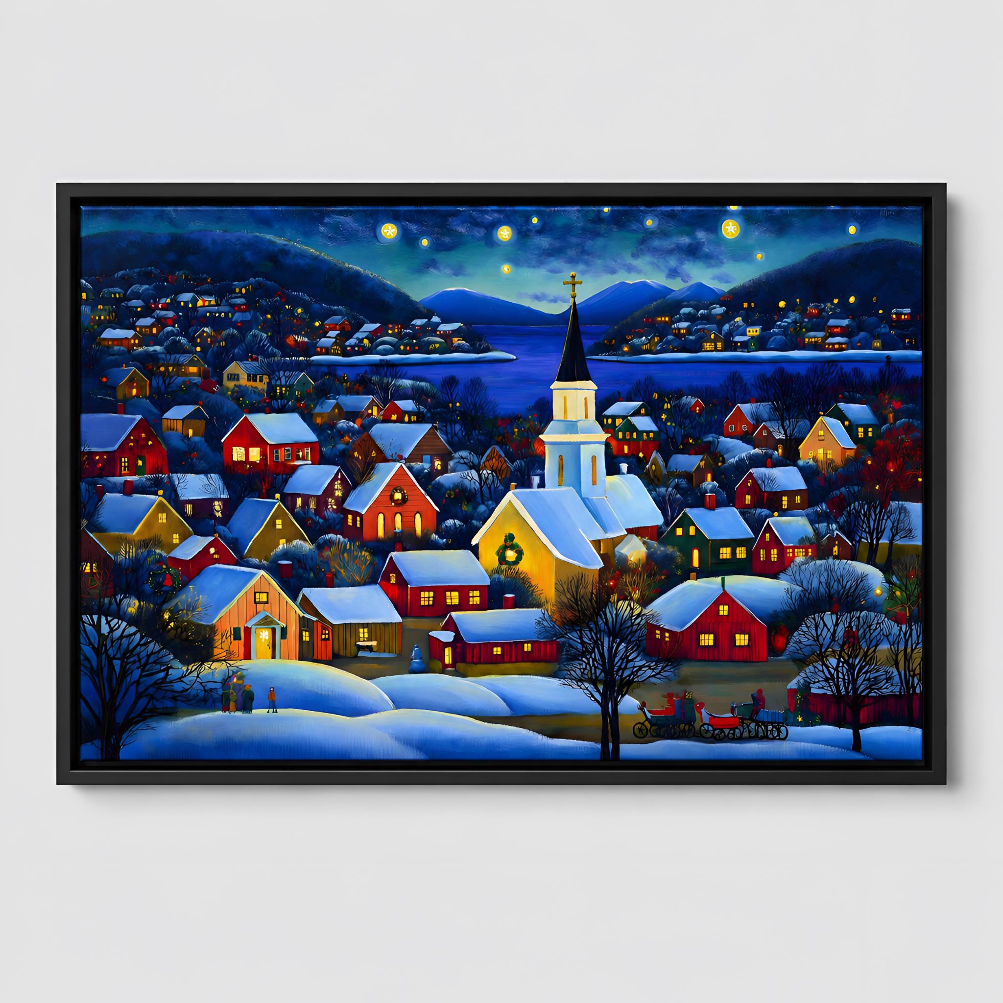 Black-framed artwork of a snowy Nordic village scene with a church steeple at night.