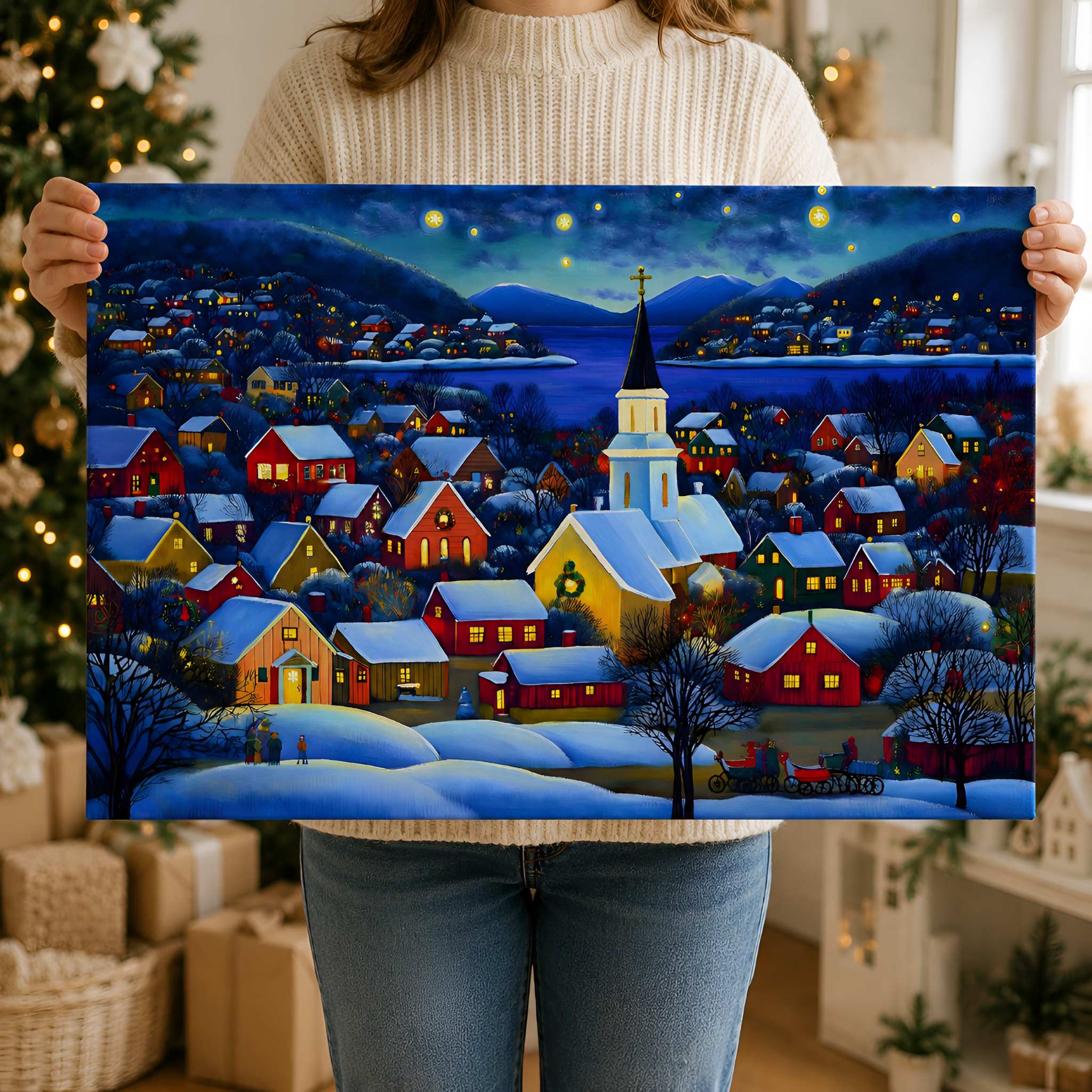 Person holding a Nordic winter village scene canvas painting in a decorated room.