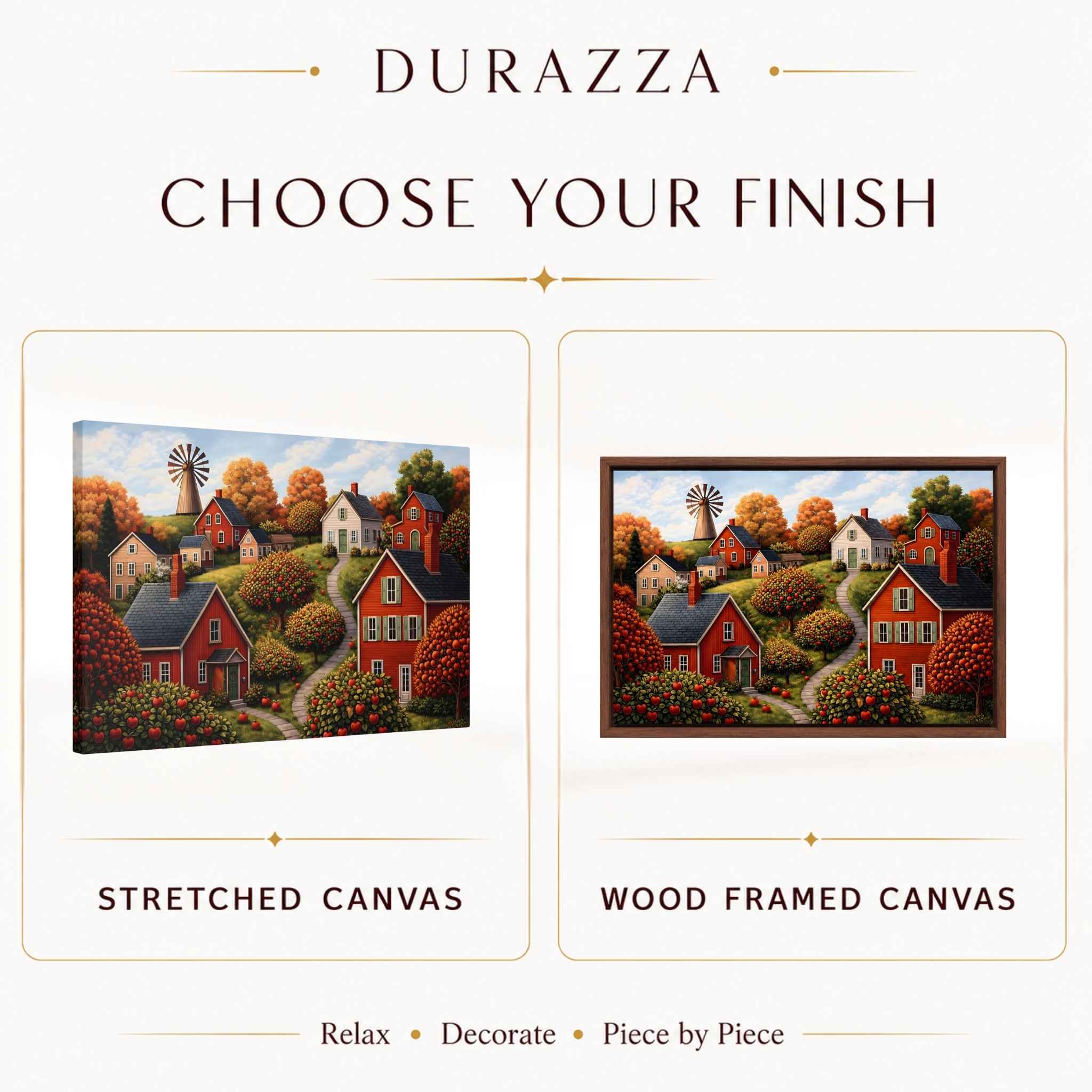 Two versions of a scenic painting with houses and a windmill, one stretched on canvas and one wood framed, by Durazza.