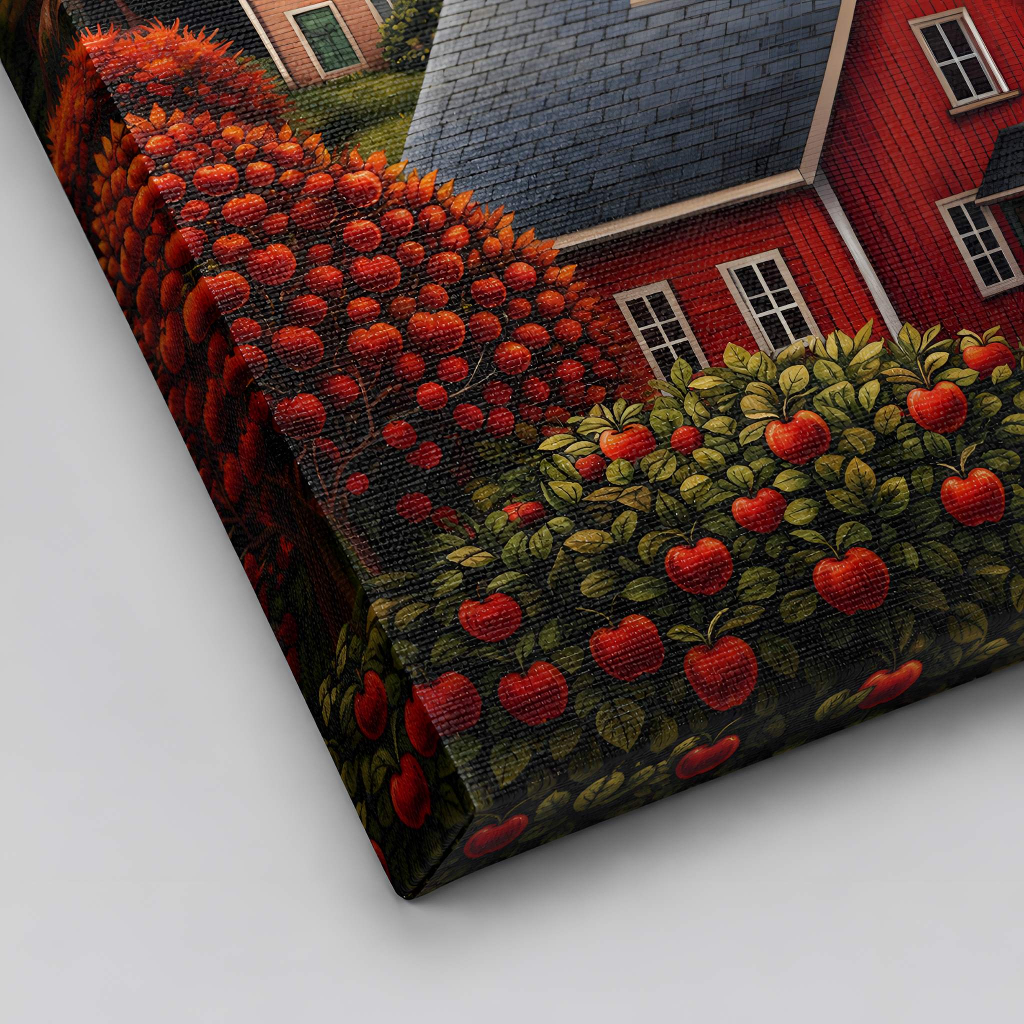 Canvas print of a house with apple trees on a white surface