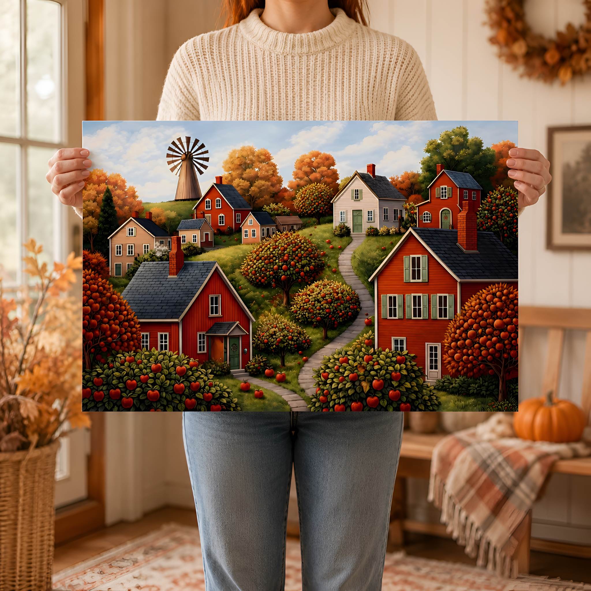 Person holding a canvas painting of an apple village scene with houses and trees.