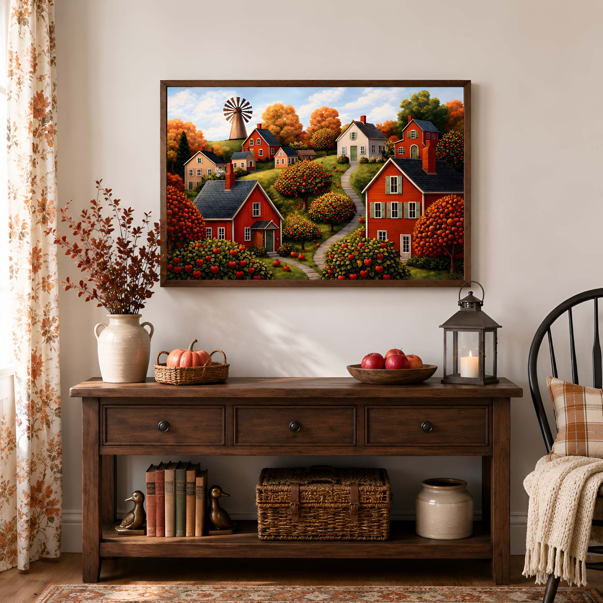 Decorative Autumn interior with a wooden console table, a painting of an apple orchard scene, and autumn-themed decor.