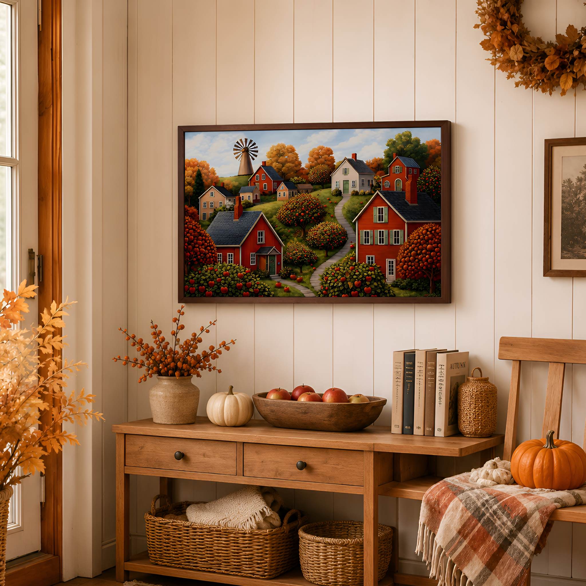 Fall living room with a painting of an apple orchard scene, surrounded by wooden furniture and autumn decorations.