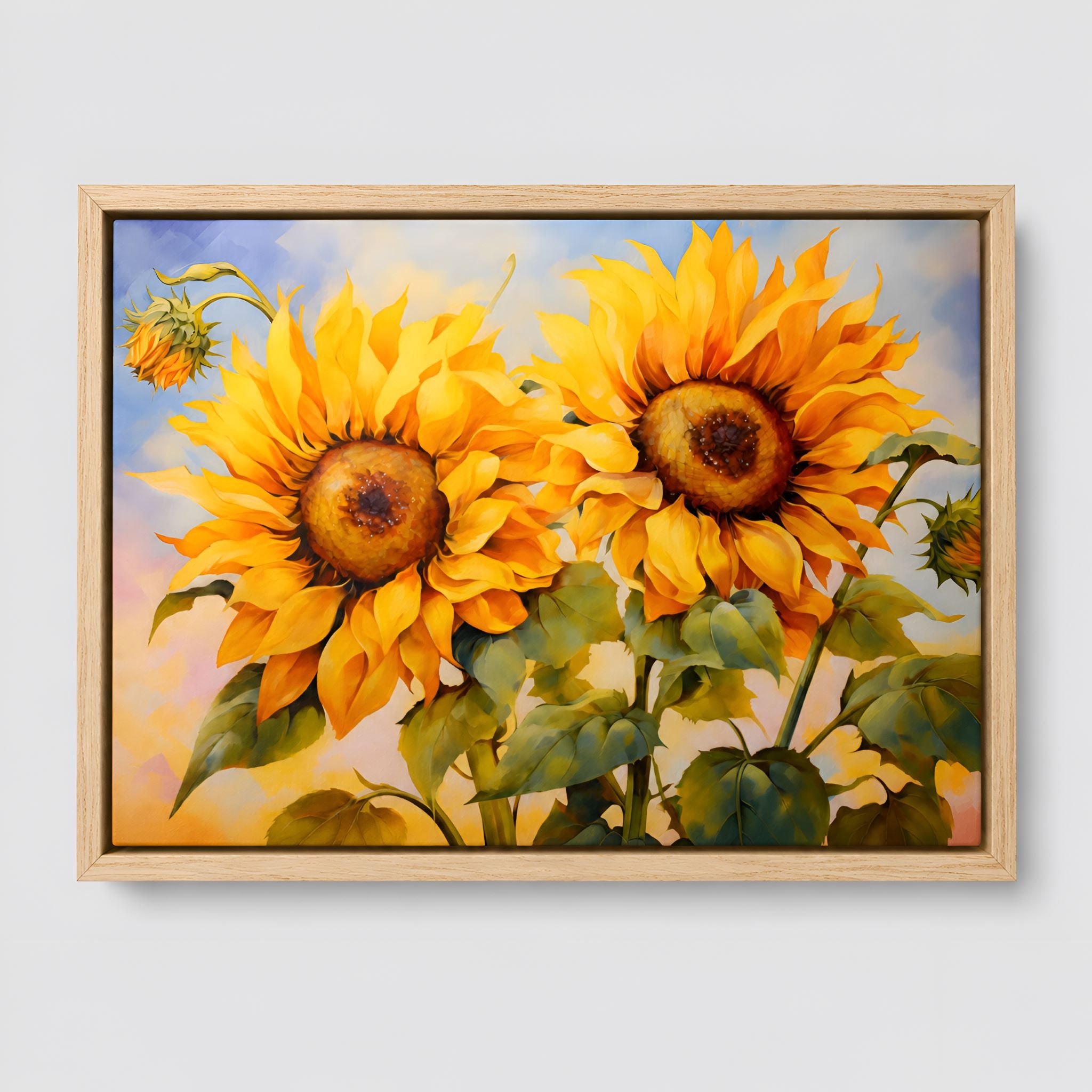 Oak wood framed painting of two sunflowers on a light gray background