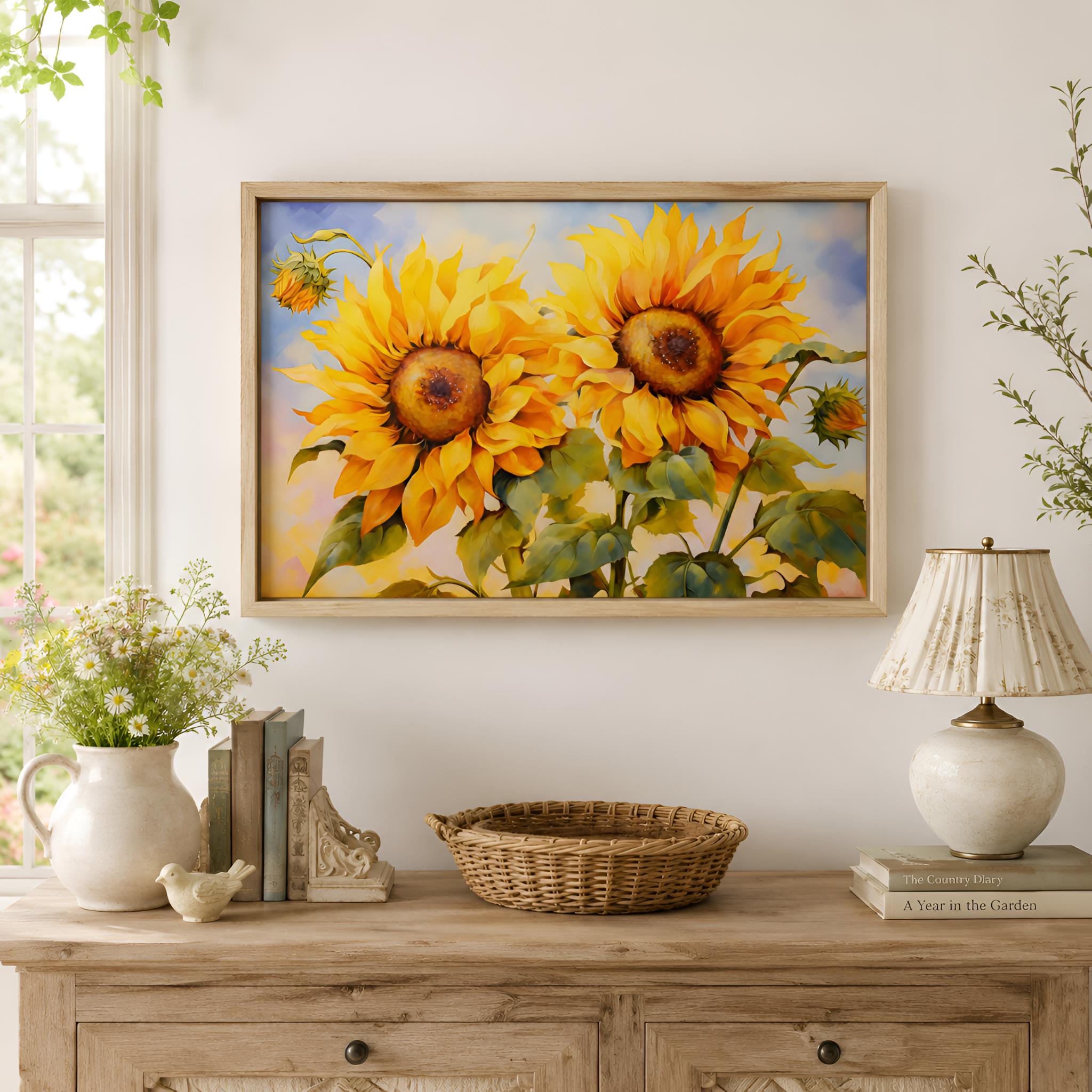 A cottage styled home with an oak framed wall art of sunflowers above a wooden console table with decorative items.