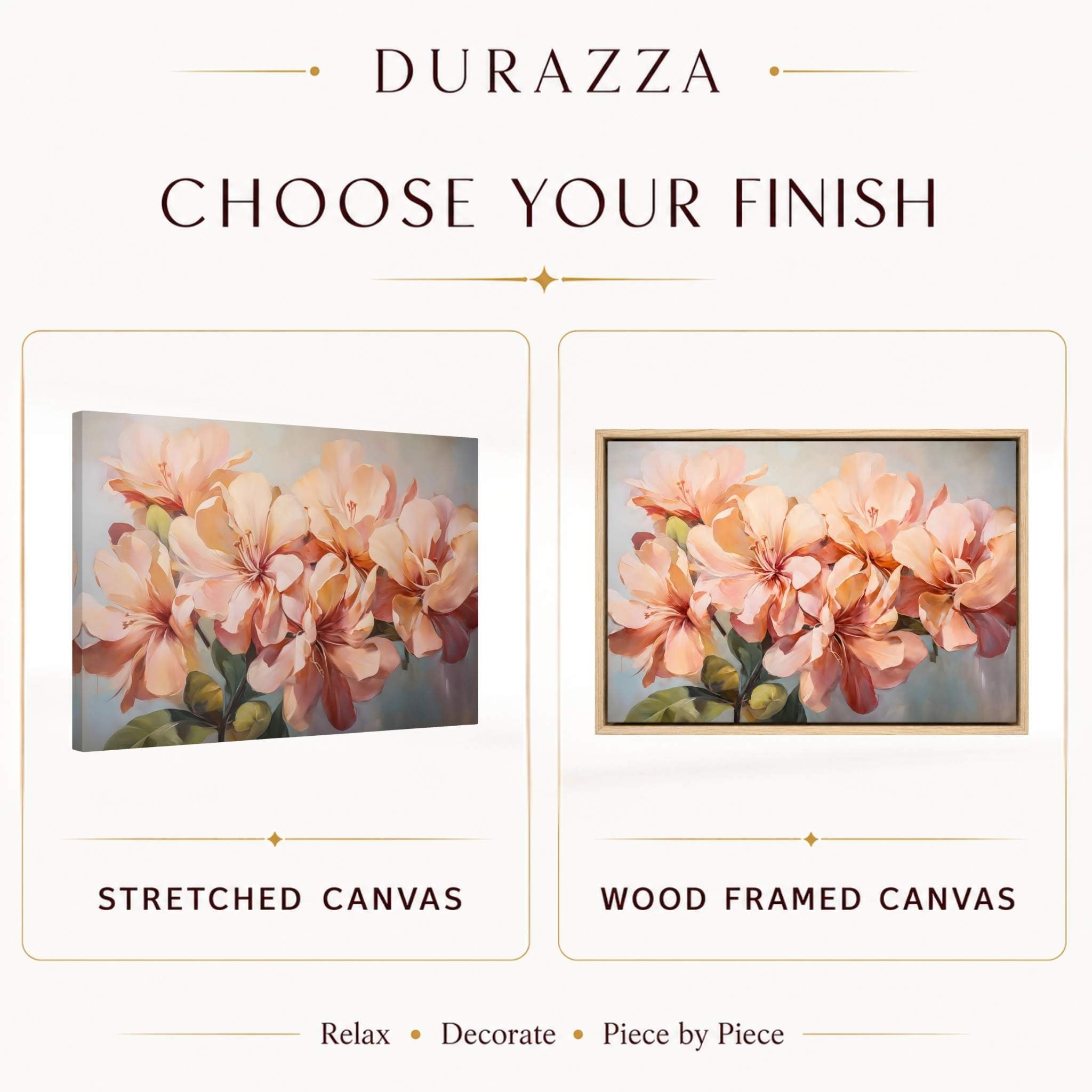 Product display of flower canvas art with 'Durazza' branding and options for stretched and wood-framed canvases.