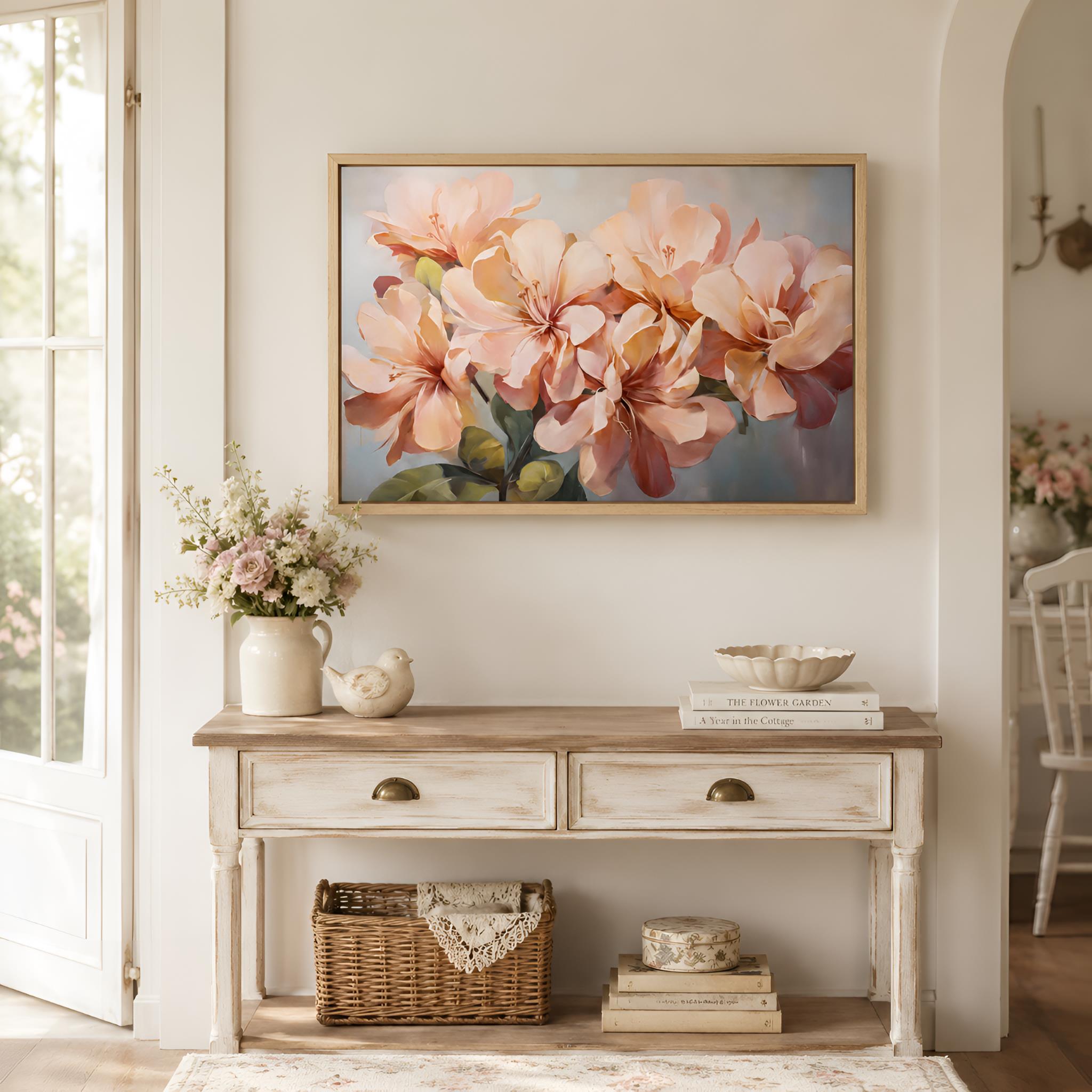 Peach Azeala wall art in an oak frame above a wooden console table in a bright room.