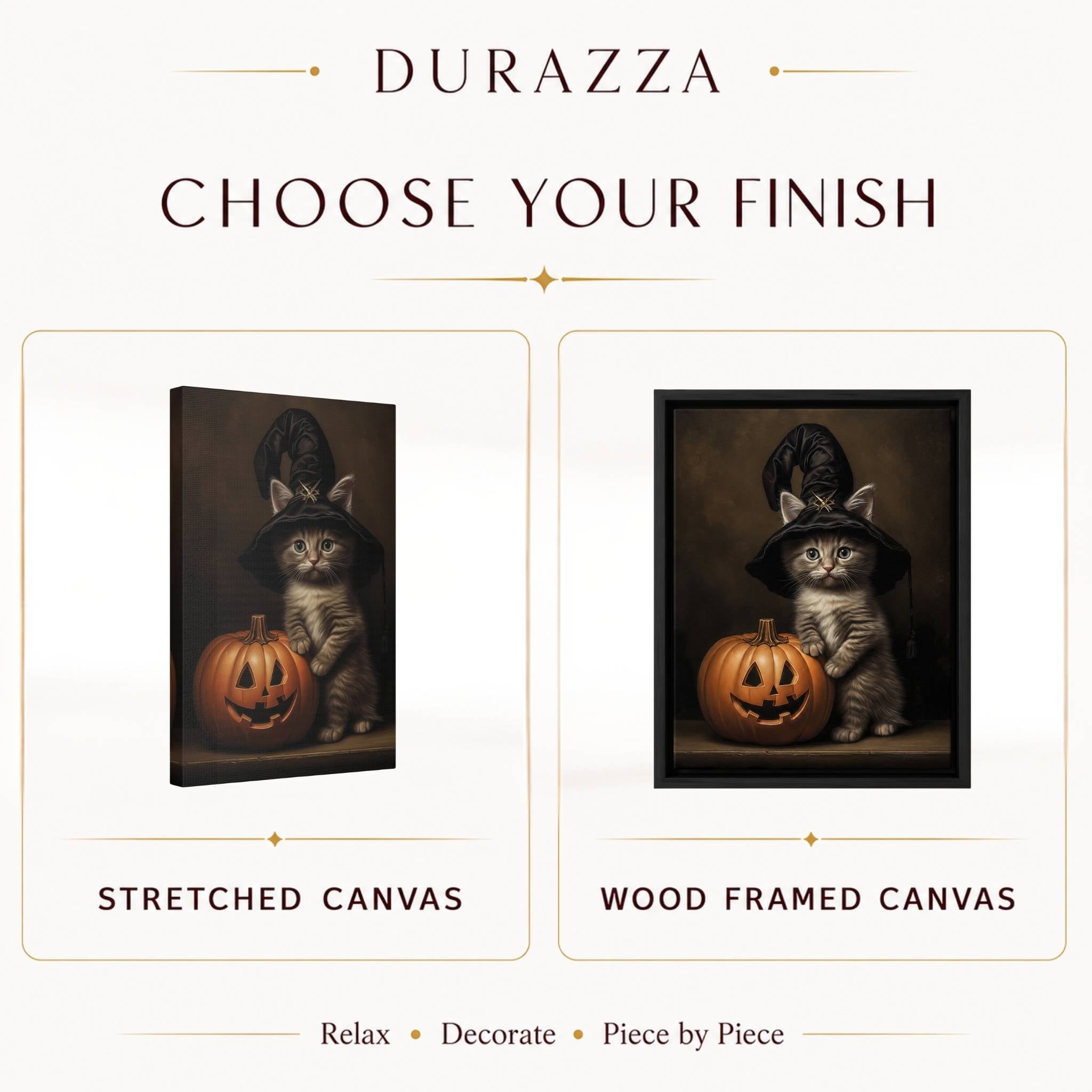 Promotional image for Durazza with a stretched canvas option or a black framed canvas art print featuring a cat and pumpkin.