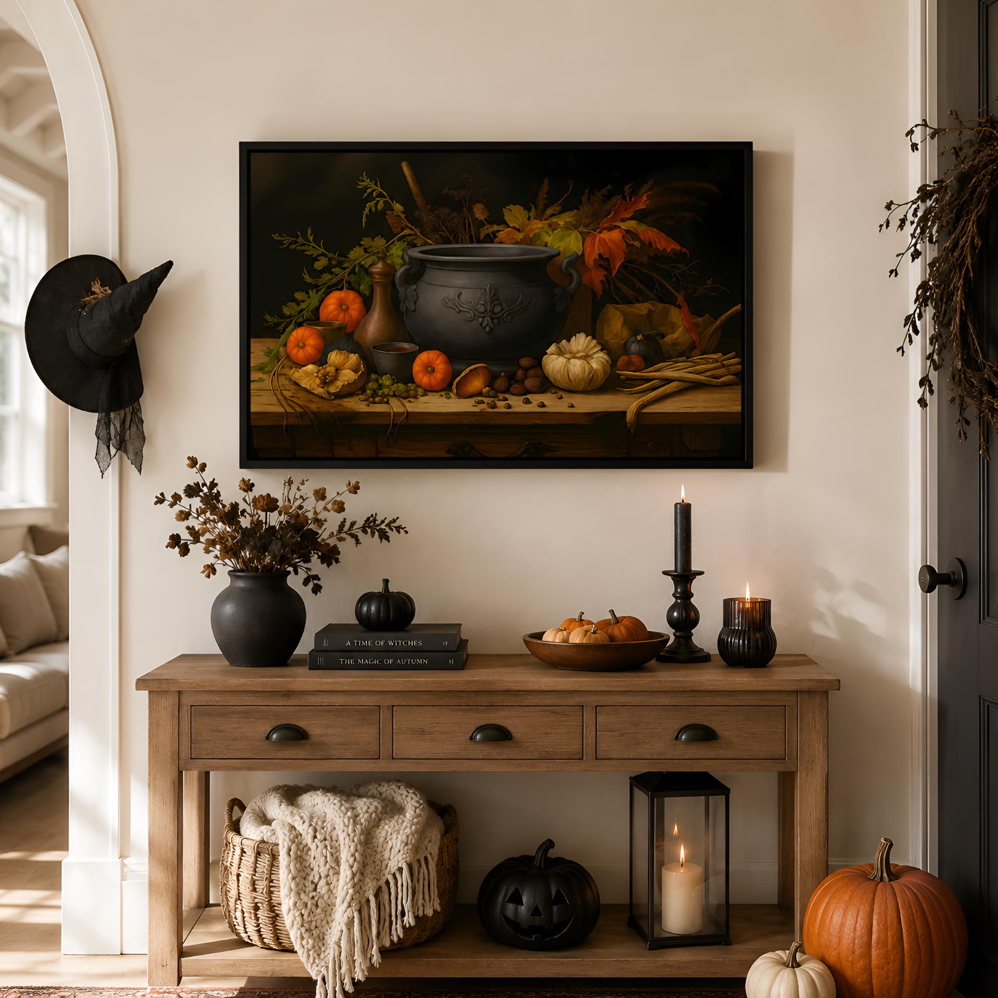 Halloween-themed room with a wooden console table, pumpkins, and a cauldron painting.