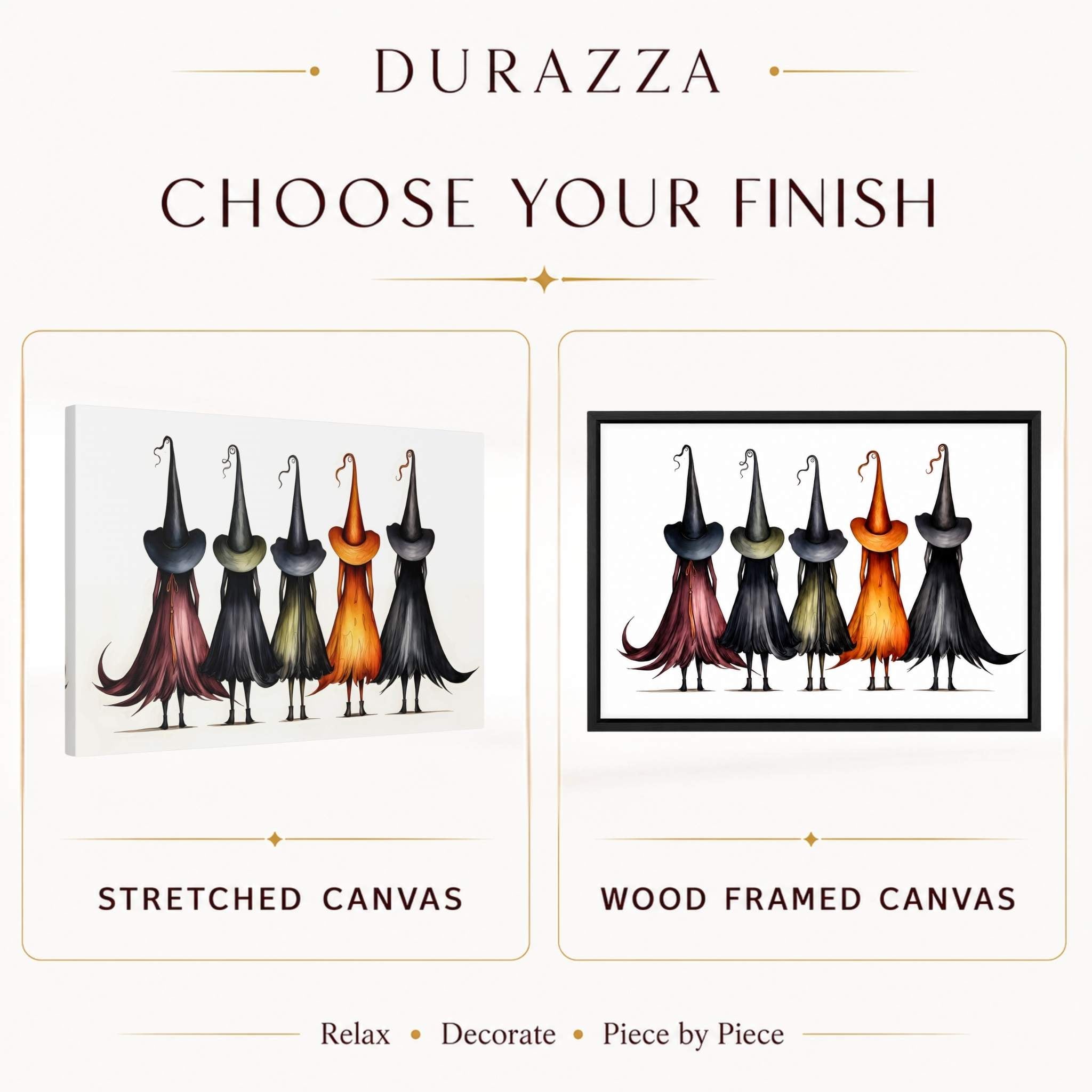 A choice between stretched canvas and a framed black canvas wall art featuring five witches for a Halloween aesthetic.