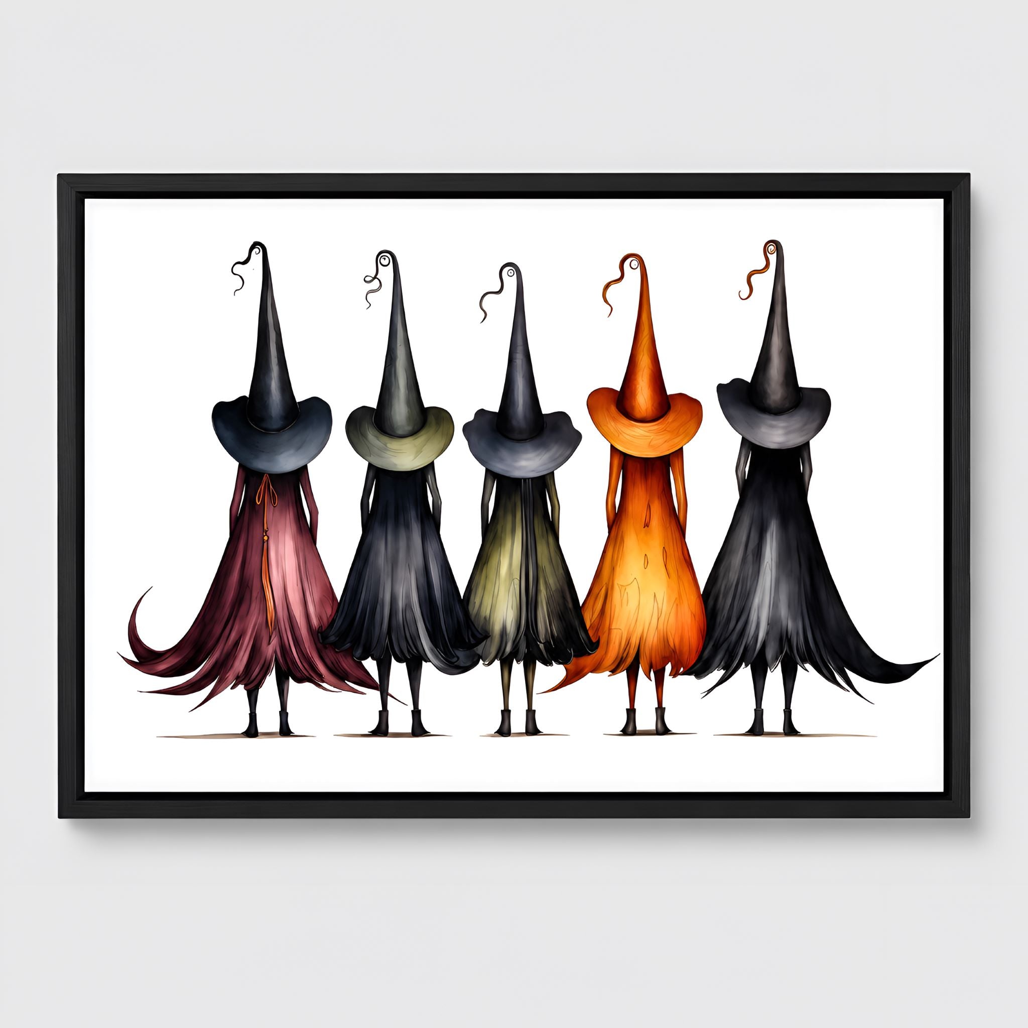 Five Halloween witches in black, plum and orange wearing witches hats in a black wooden framed canvas.