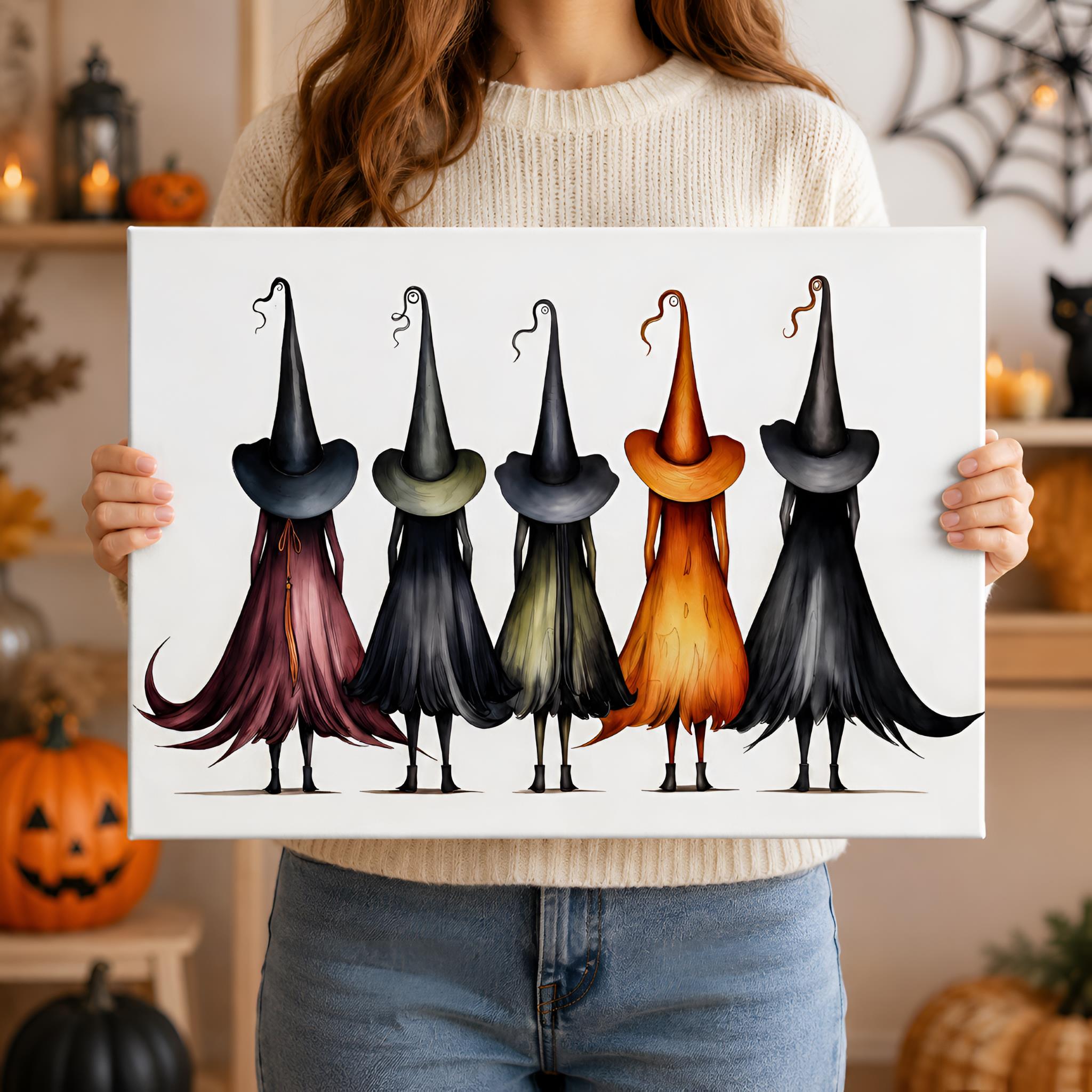 Person holding a Halloween-themed canvas art print with witch illustrations in a decorated room.