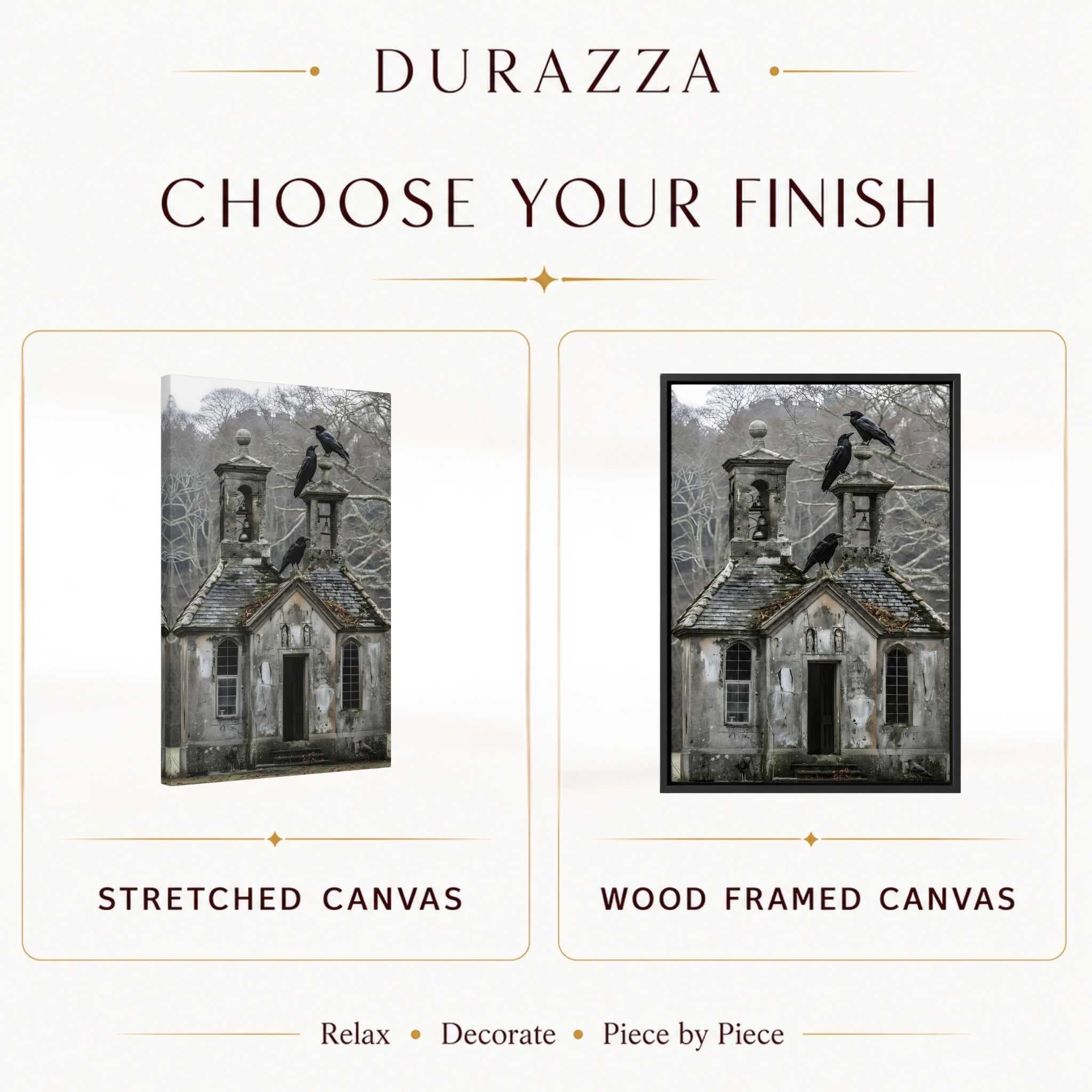 Durazza product display with stretched canvas and wood framed canvas options.