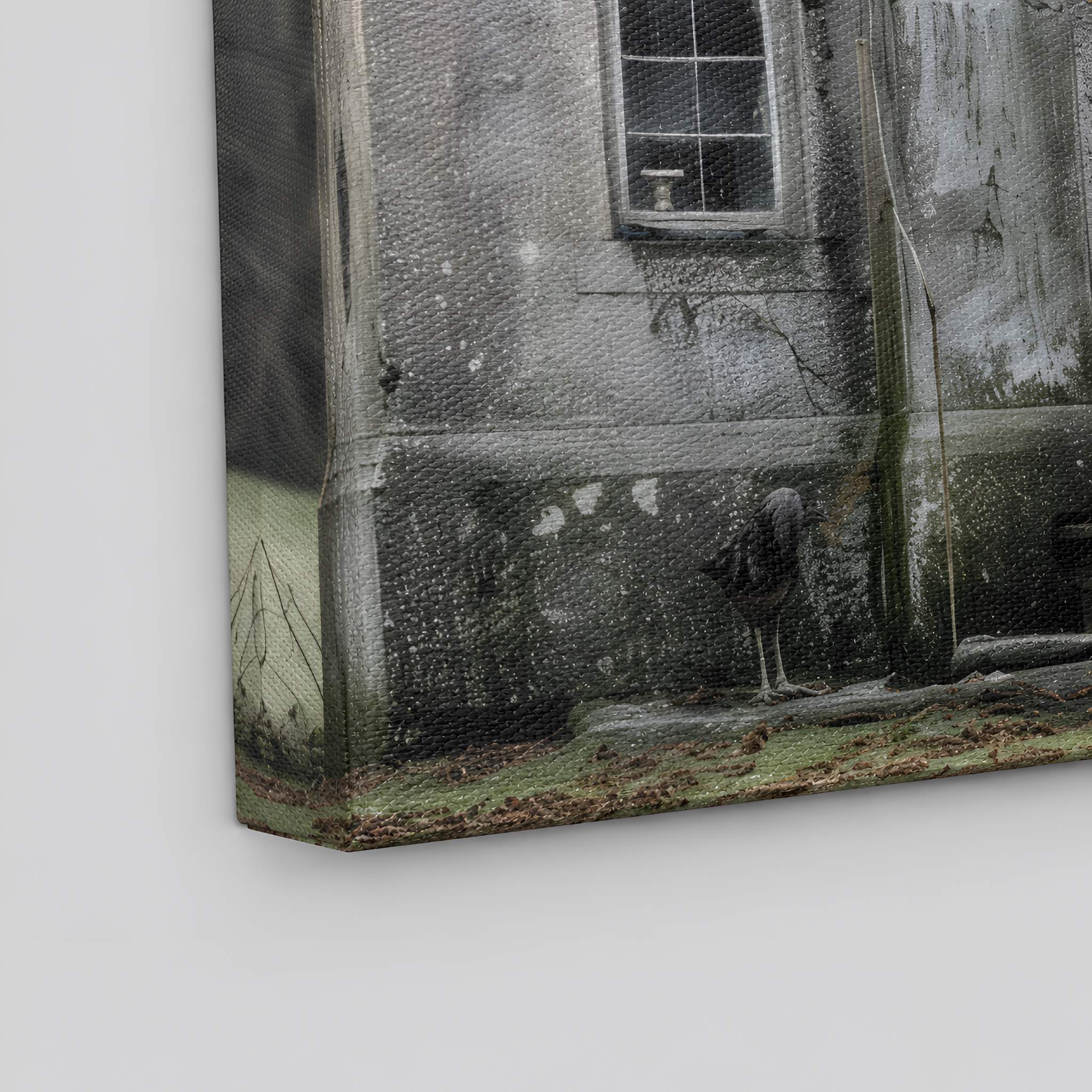 Close-up of a canvas textured painting with a bird and building scene