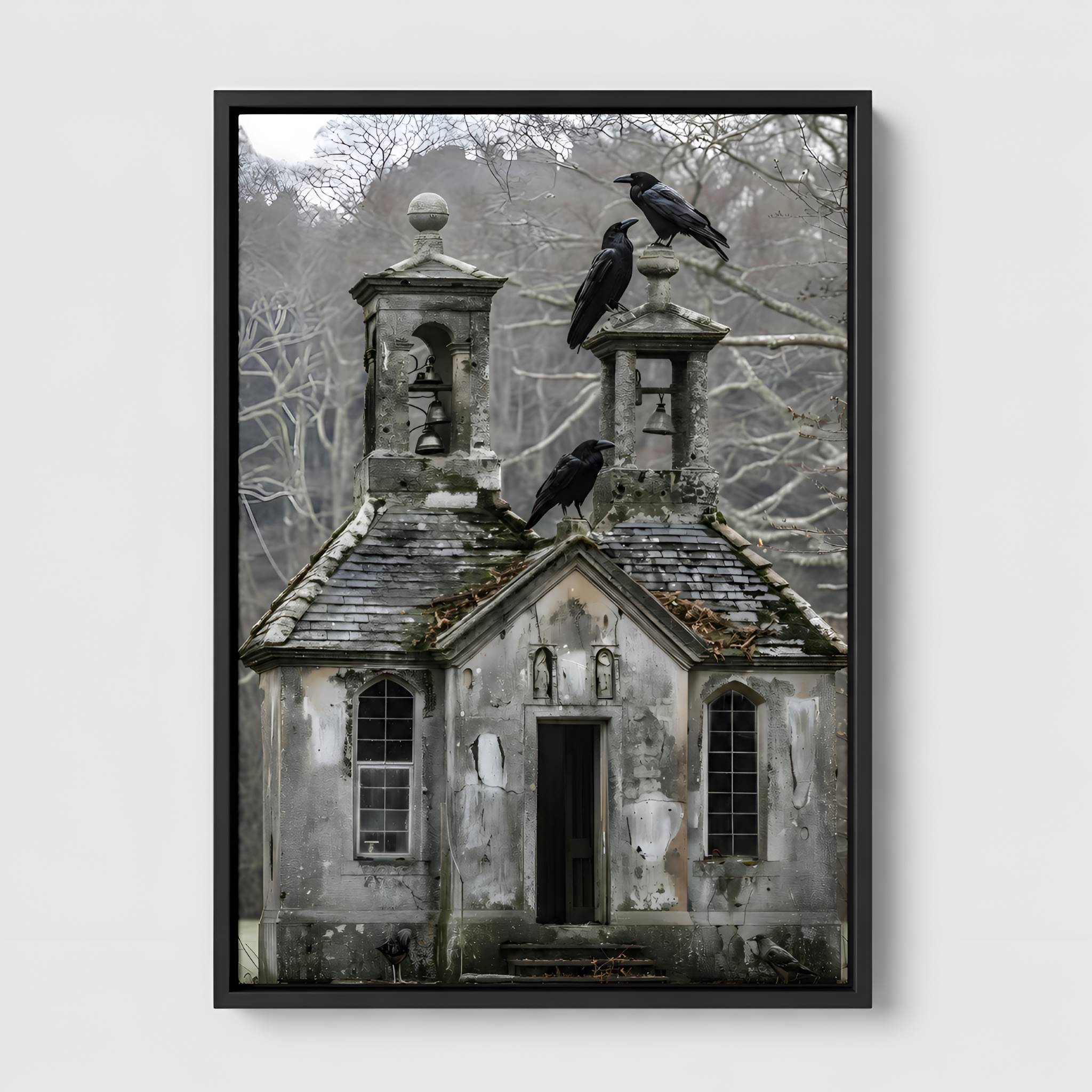 Framed artwork of an old, spooky, weathered church with ravens on a gray background.