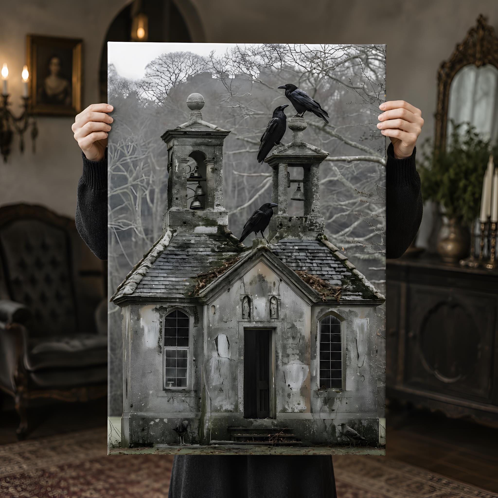 A canvas art print in a Victorian gothic home featuring an abandoned church with ravens.