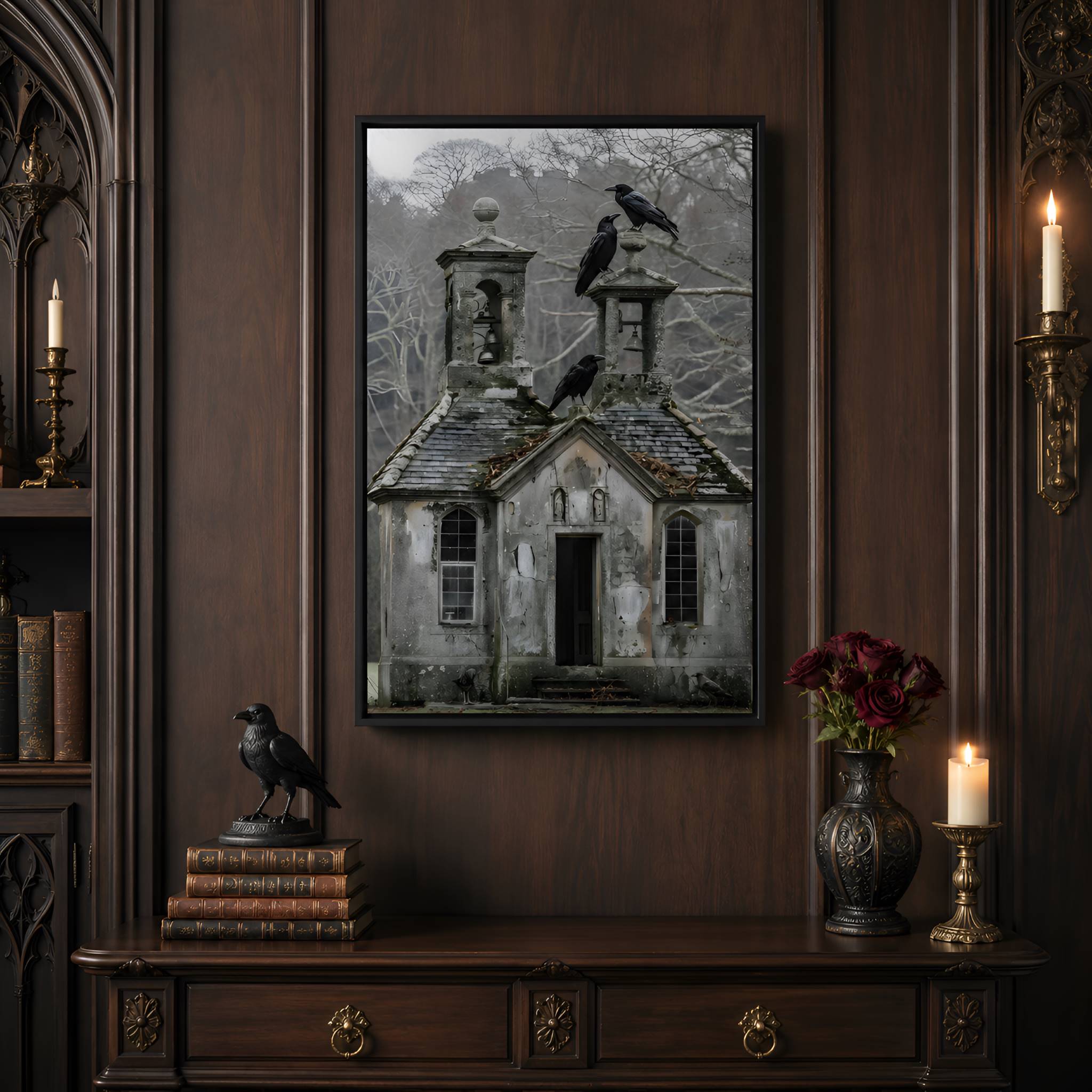 Black framed art print of a gothic building with crows on a wall in a moody decorated room.