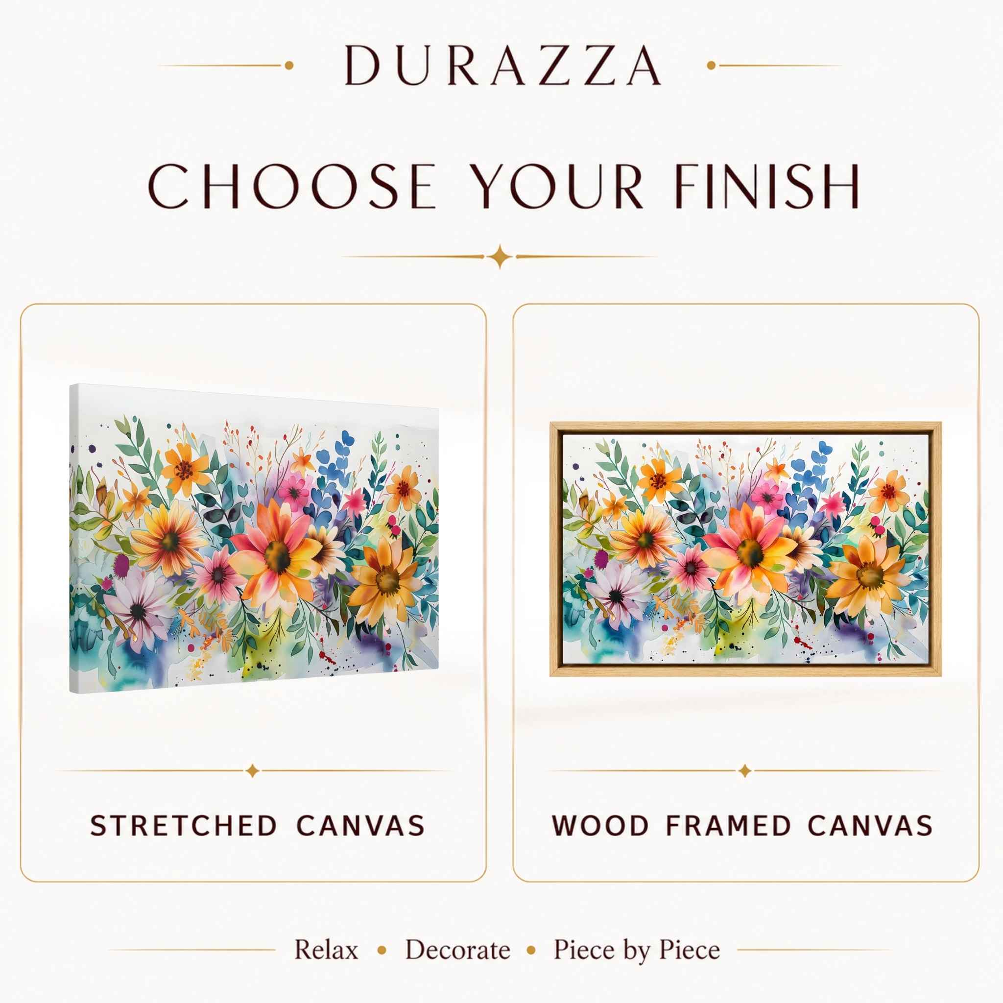 Floral product display with stretched canvas and wood framed canvas options featuring floral artwork.