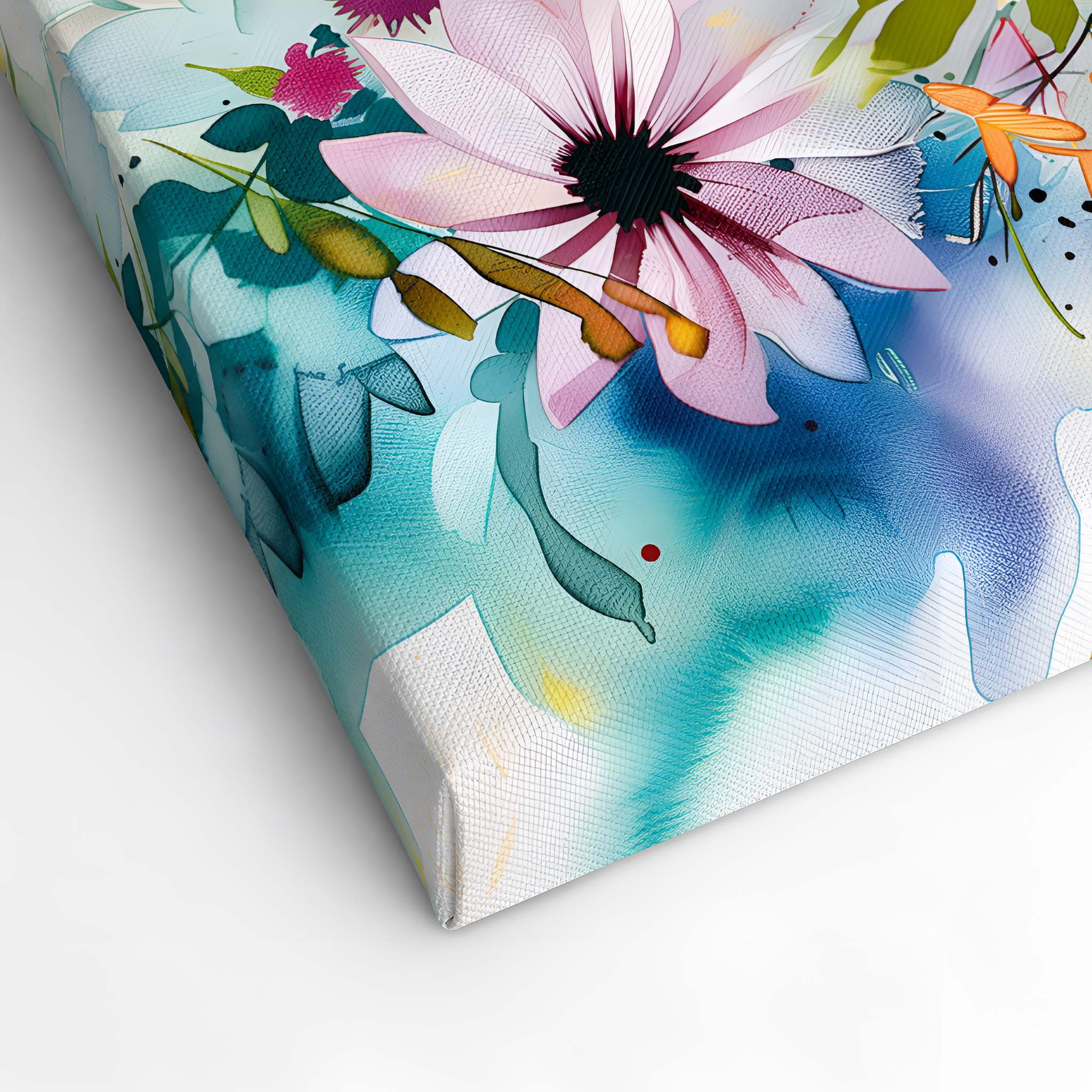 Canvas print with floral design featuring a pink flower and green leaves on a light blue background.