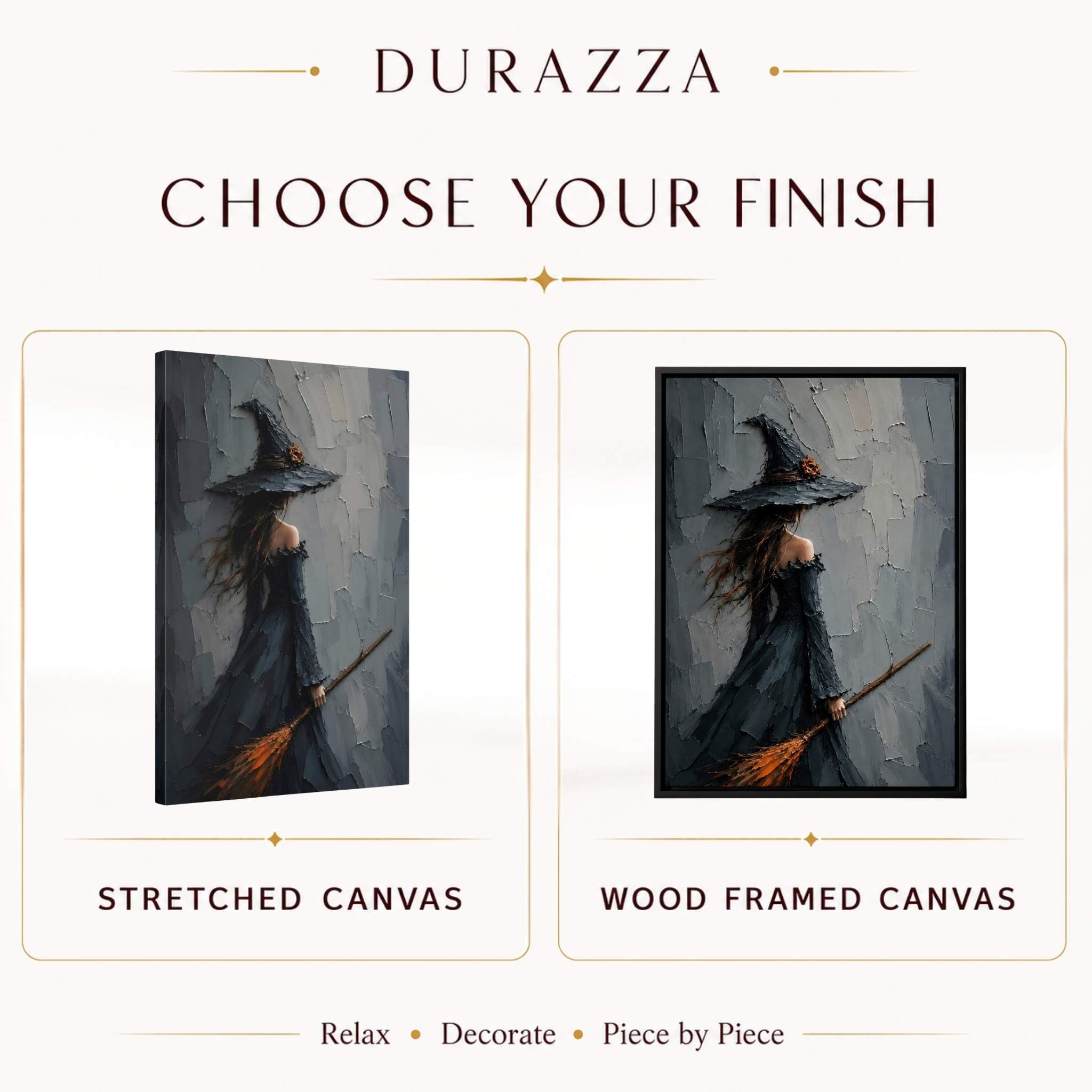 Two canvas options for a witch painting by Durazza with text 'Choose Your Finish' between a stretched canvas and wood framed canvas.