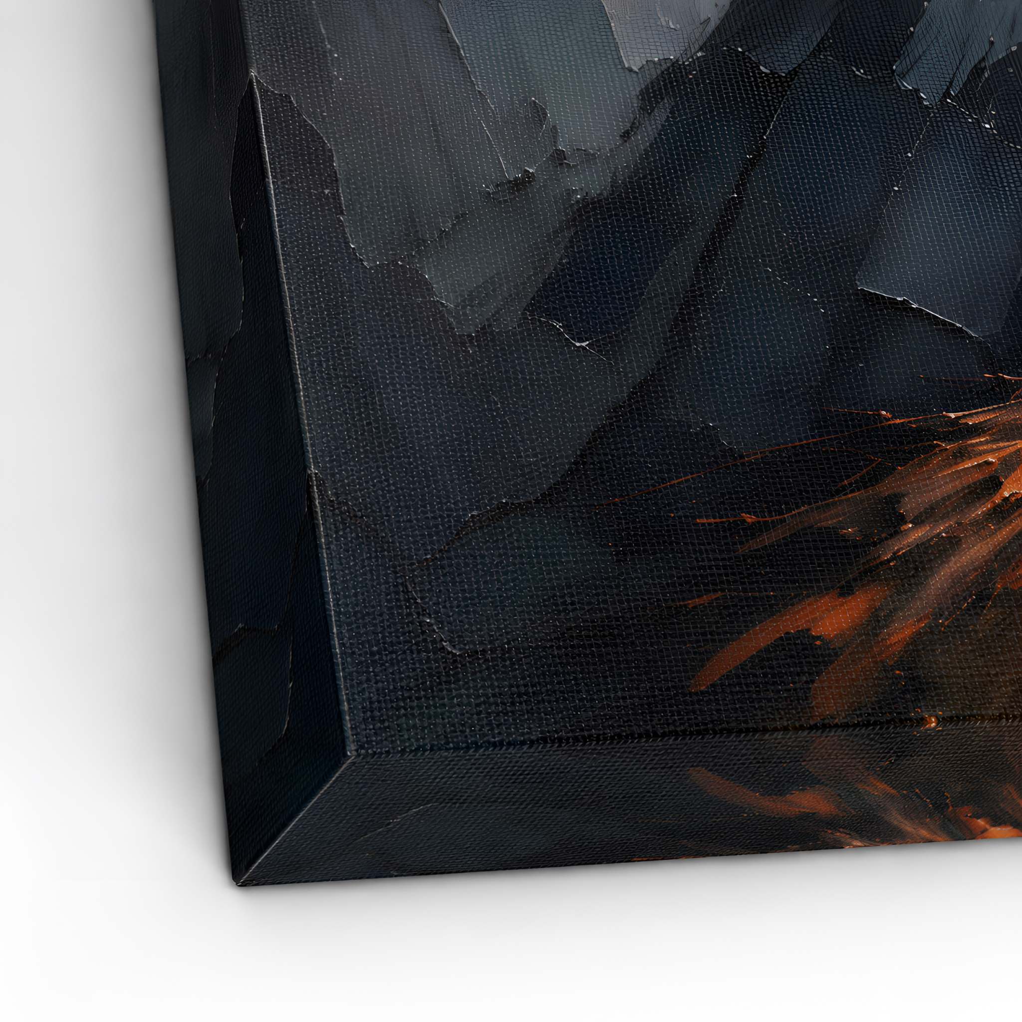 Whimsigothic painting with dark and fiery tones on a textured canvas surface.