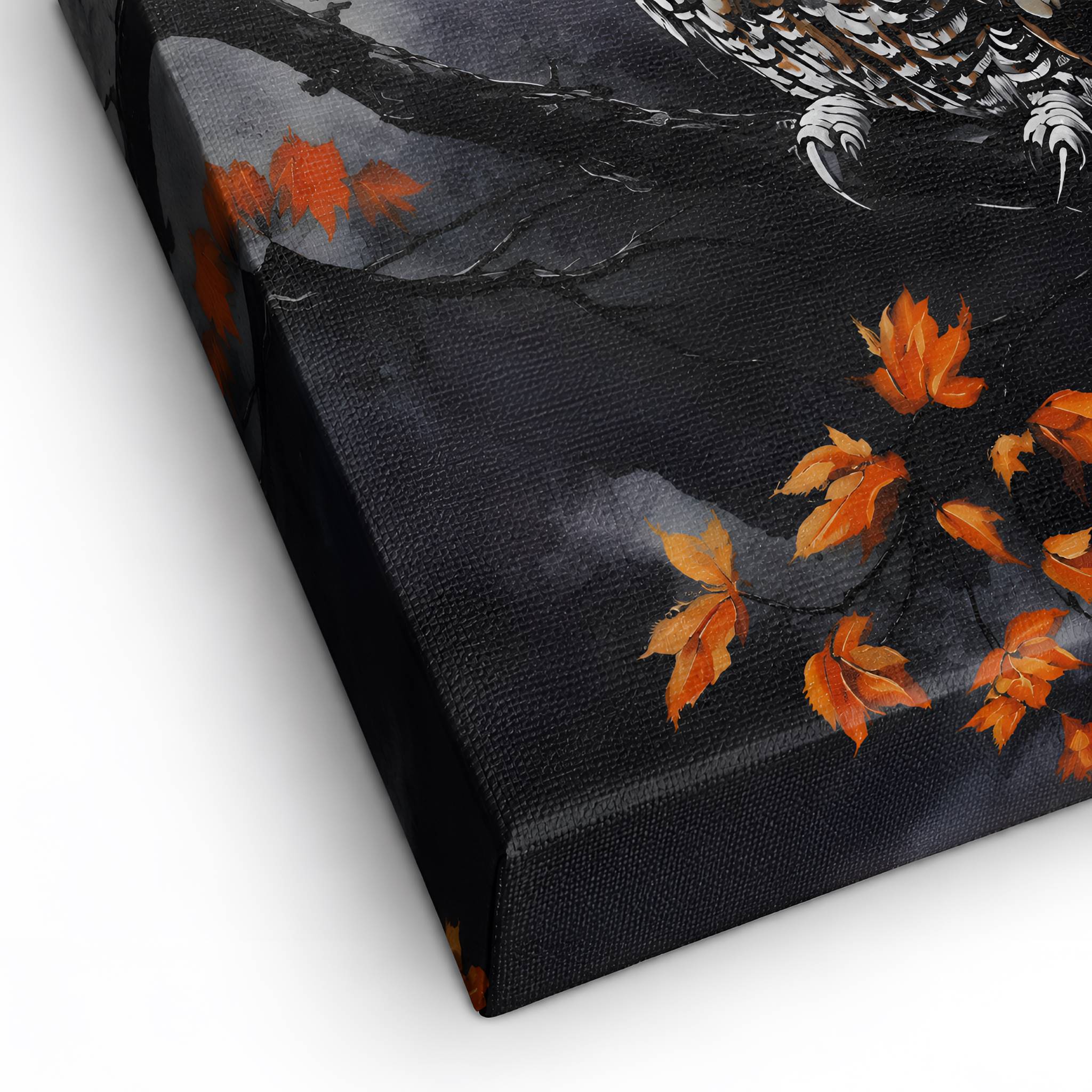Canvas wall art print with an owl and autumn leaves on a dark background