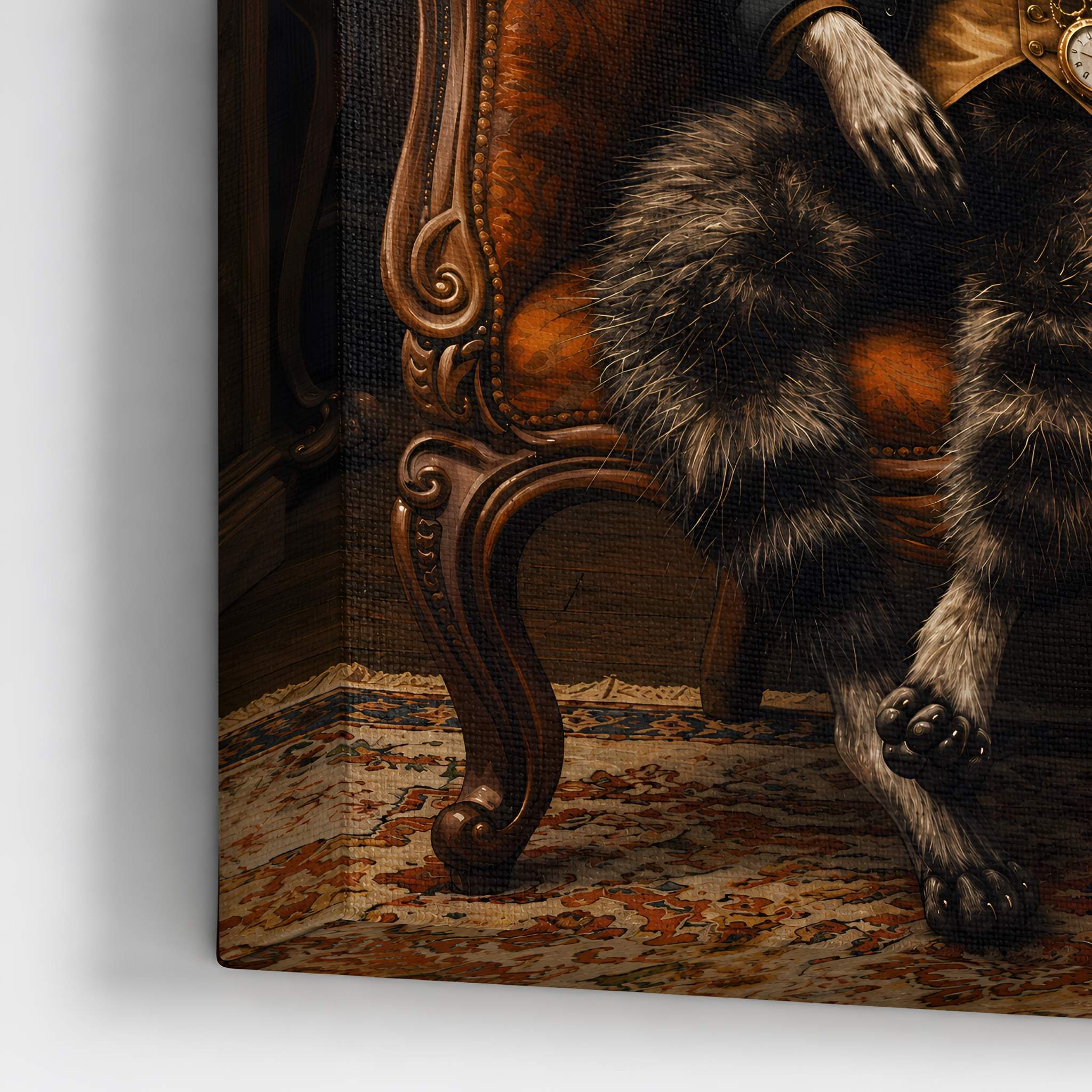 Raccoon sitting in a wooden chair on a canvas wall art print.