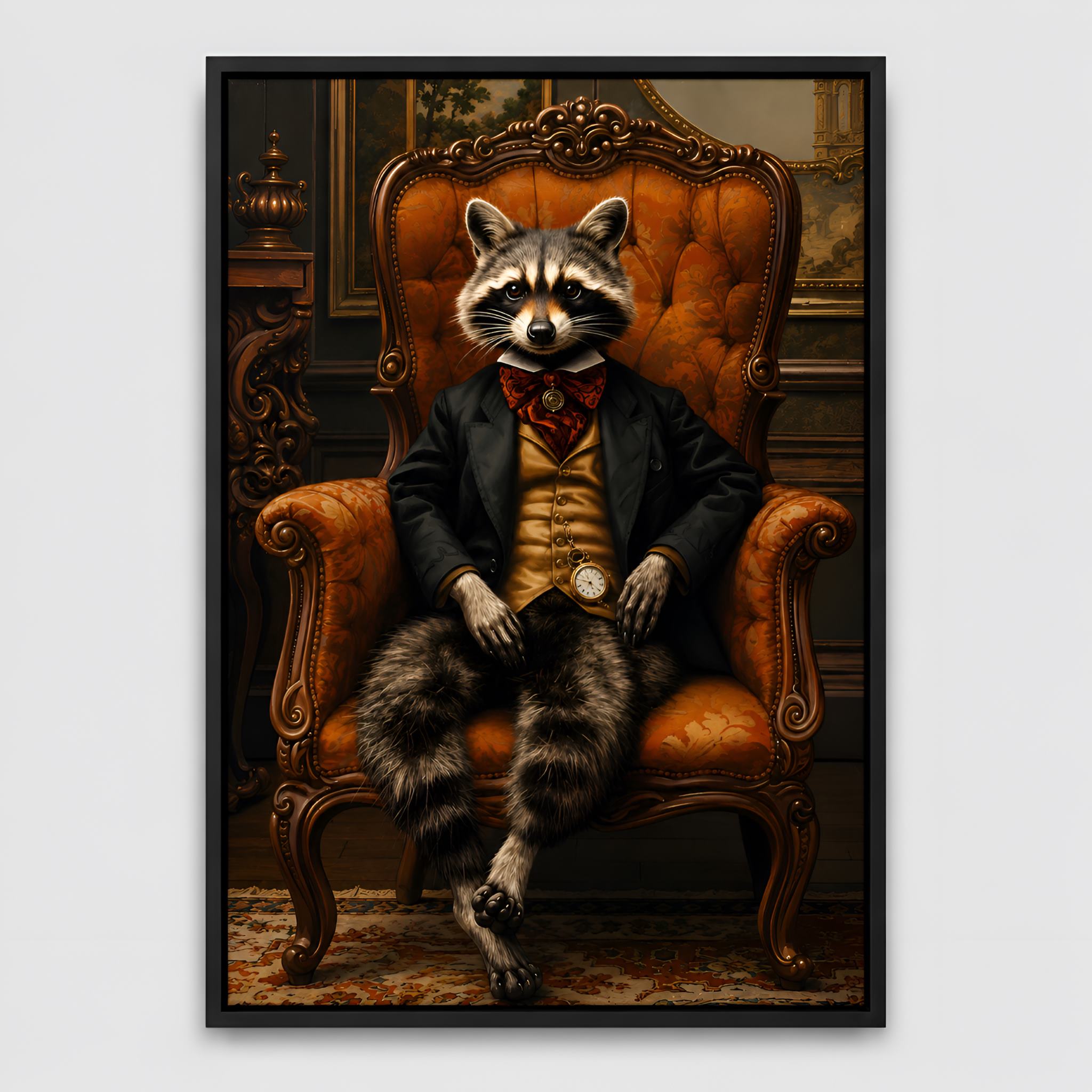 A victorian gothic wall art piece featuring a raccoon in formal attire sitting on an ornate chair.