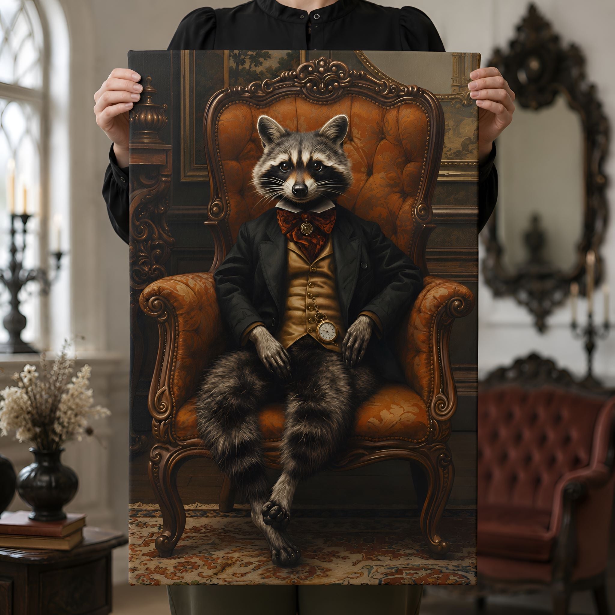 Person holding a Victorian style painting of a raccoon in a suit on an ornate chair.