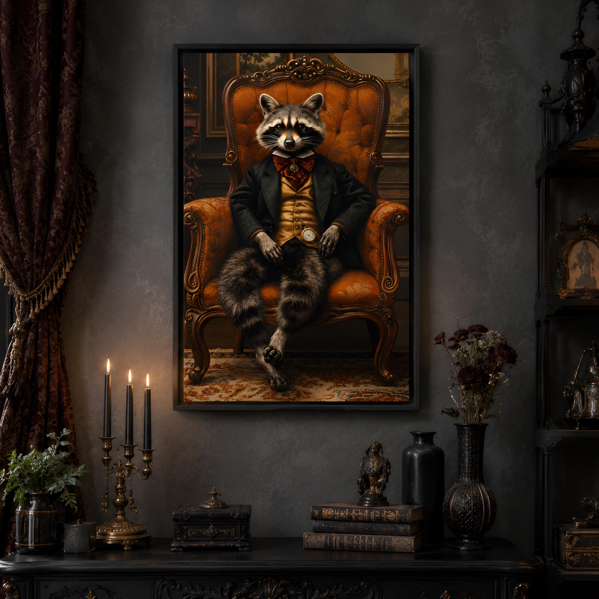 Black framed artwork of a raccoon in formal attire on an ornate chair, displayed in a dark Victorian gothic room with candles and decorative items.