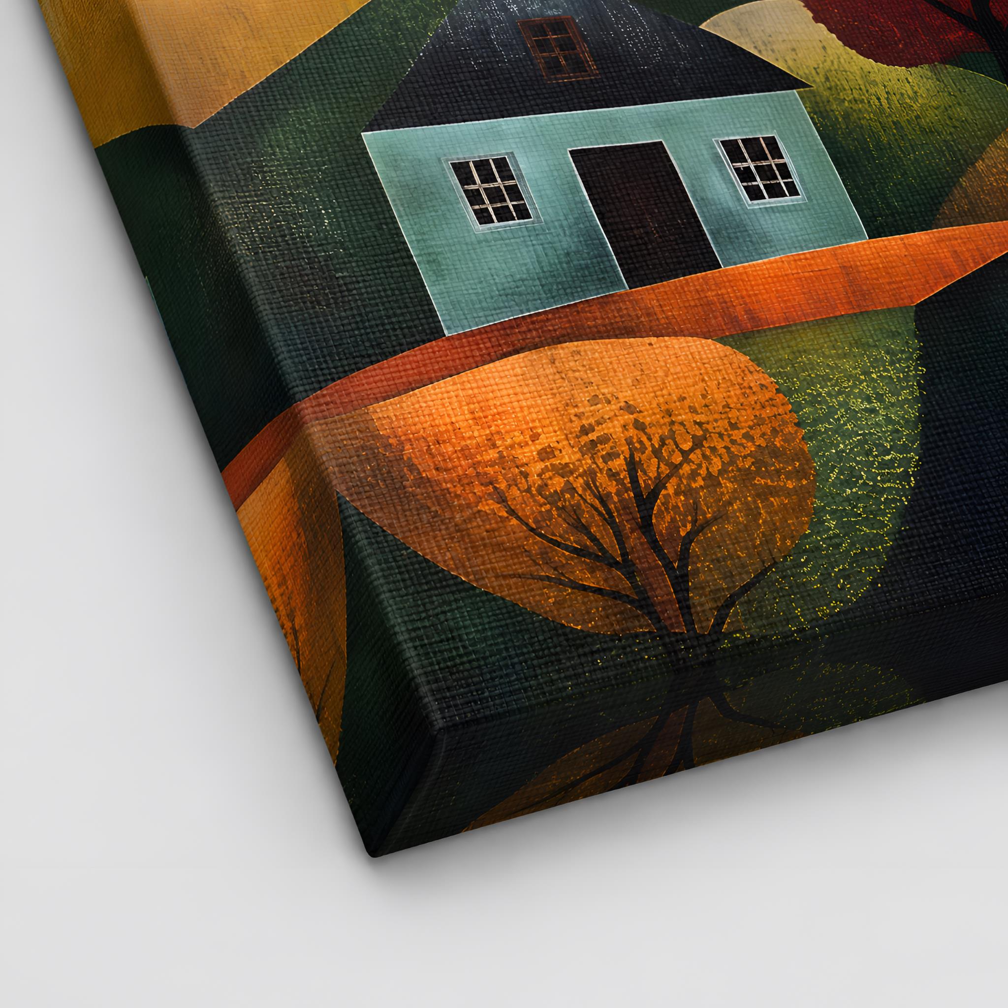 Artistic canvas wall art depiction of a house and tree on a textured surface