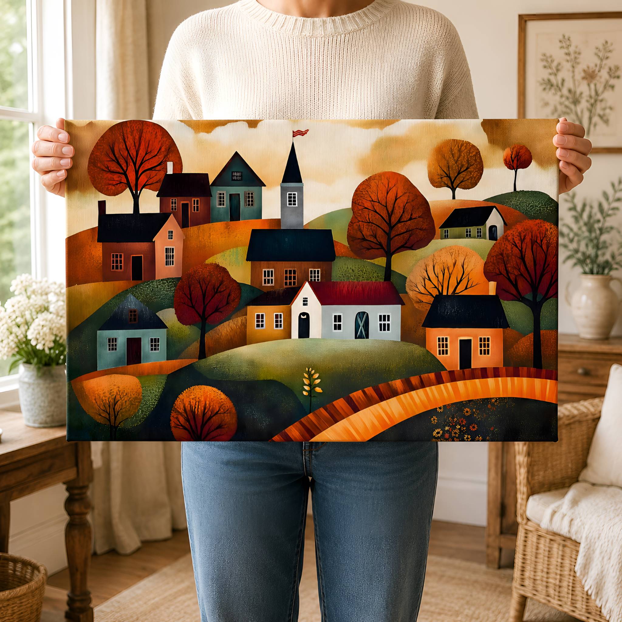 Person holding a fall colored painting of a folk art village scene with houses and trees.
