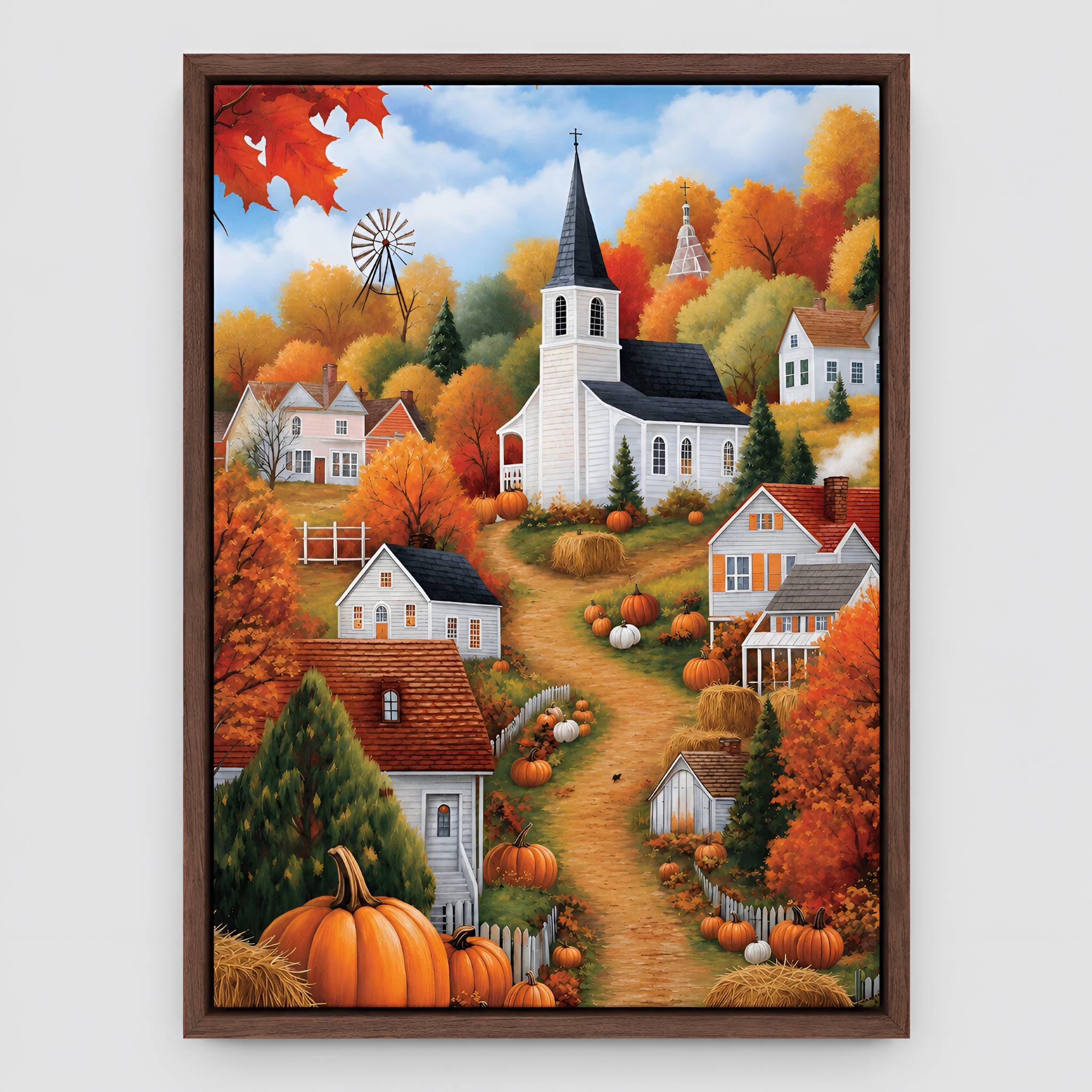 Folk Art Church Village Canvas 16x24 or 24x36 | Harvest Glow