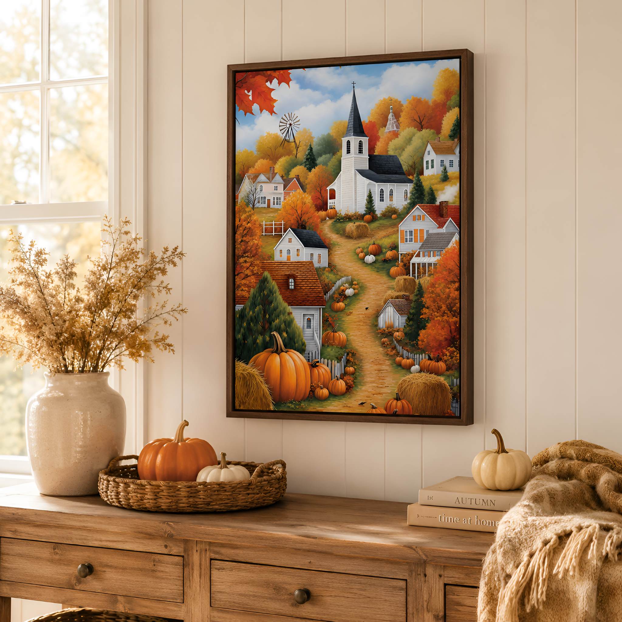 Folk Art Church Village Canvas 16x24 or 24x36 | Harvest Glow