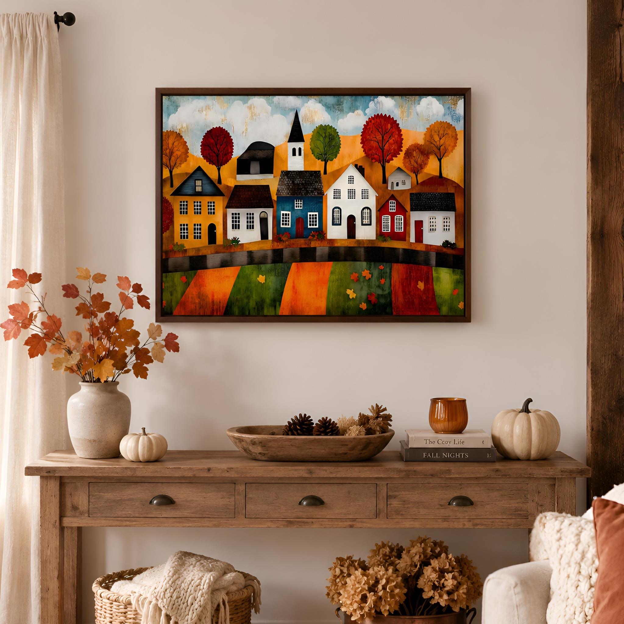 Folk Art Cottage Row Canvas 16x24/24x36 | Autumn Village Vista