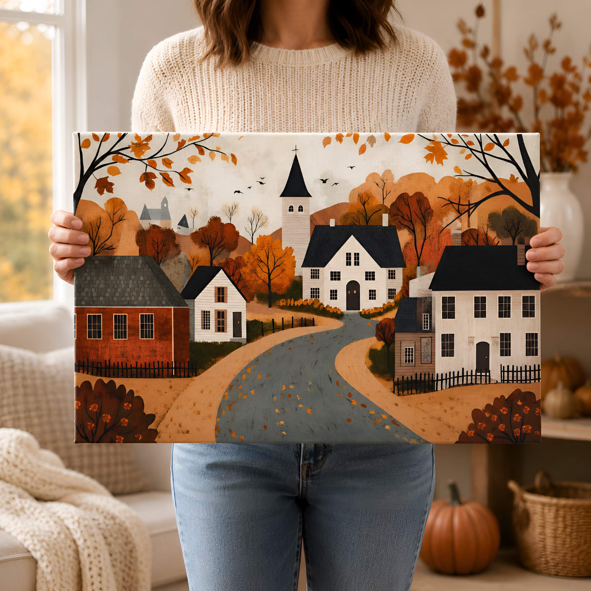 Person holding a fall harvest painting of a village scene with autumn trees and houses.