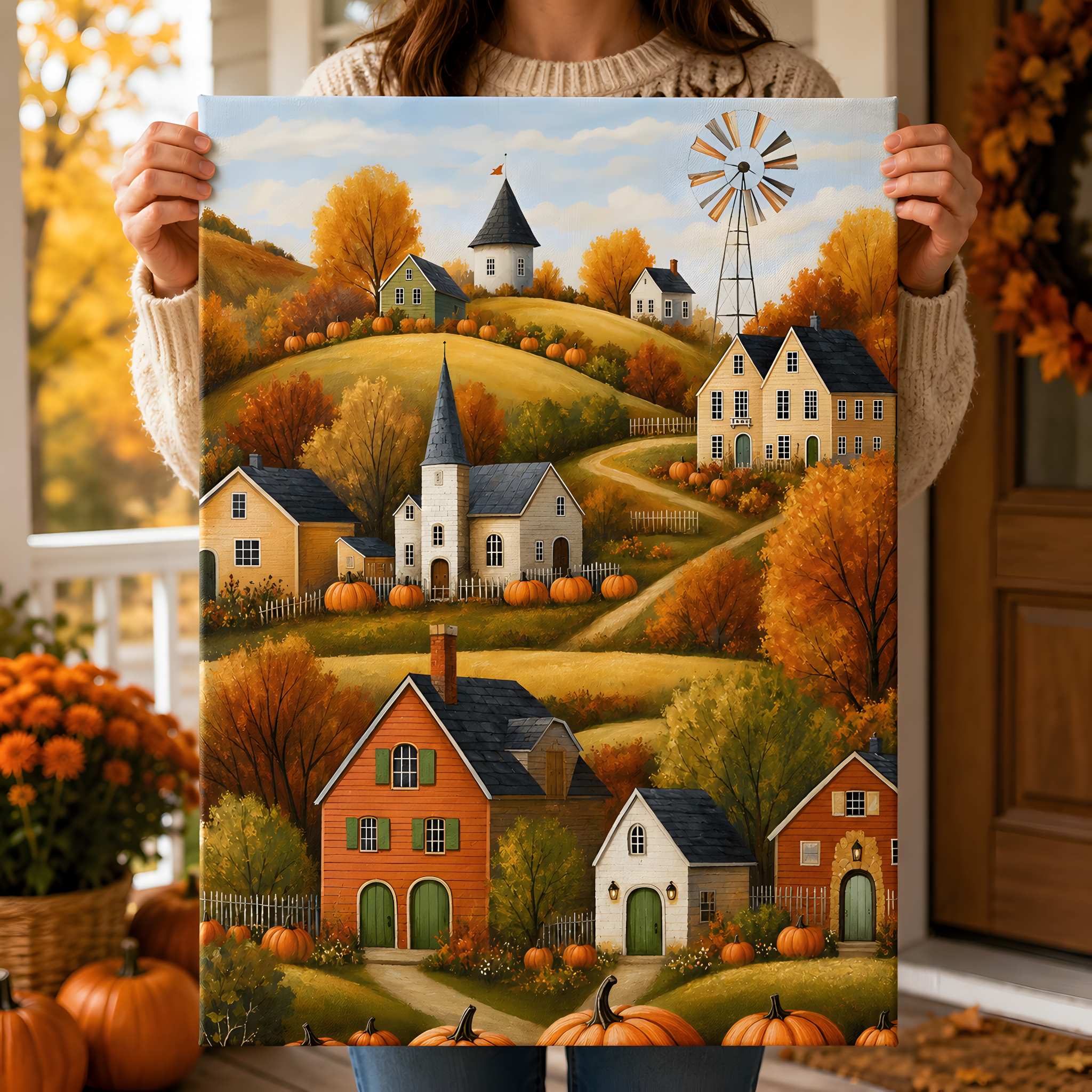 Folk Art Pumpkin Hill Canvas 12x18/16x24 or 24x36 | Fall Country Bliss