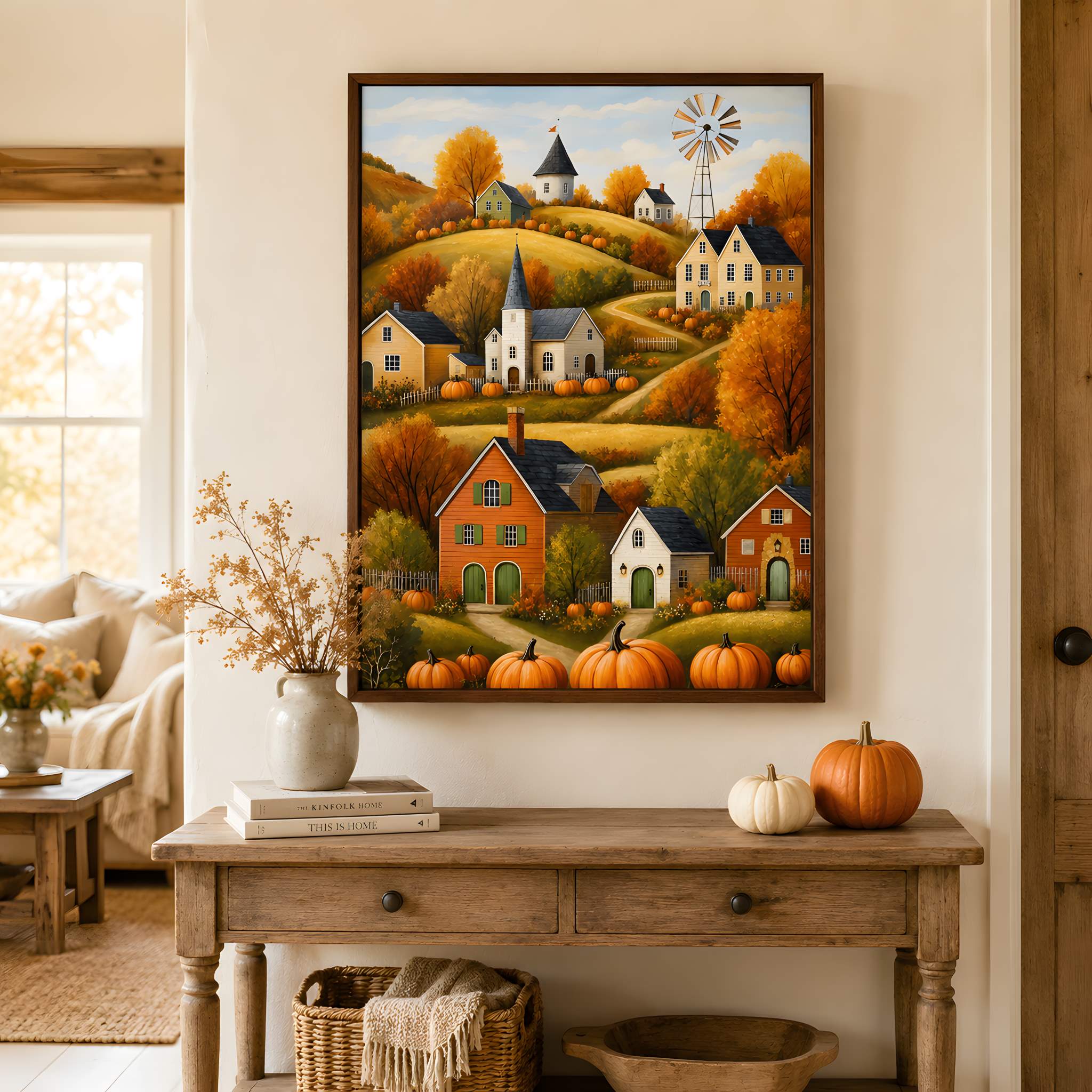 Folk Art Pumpkin Hill Canvas 12x18/16x24 or 24x36 | Fall Country Bliss