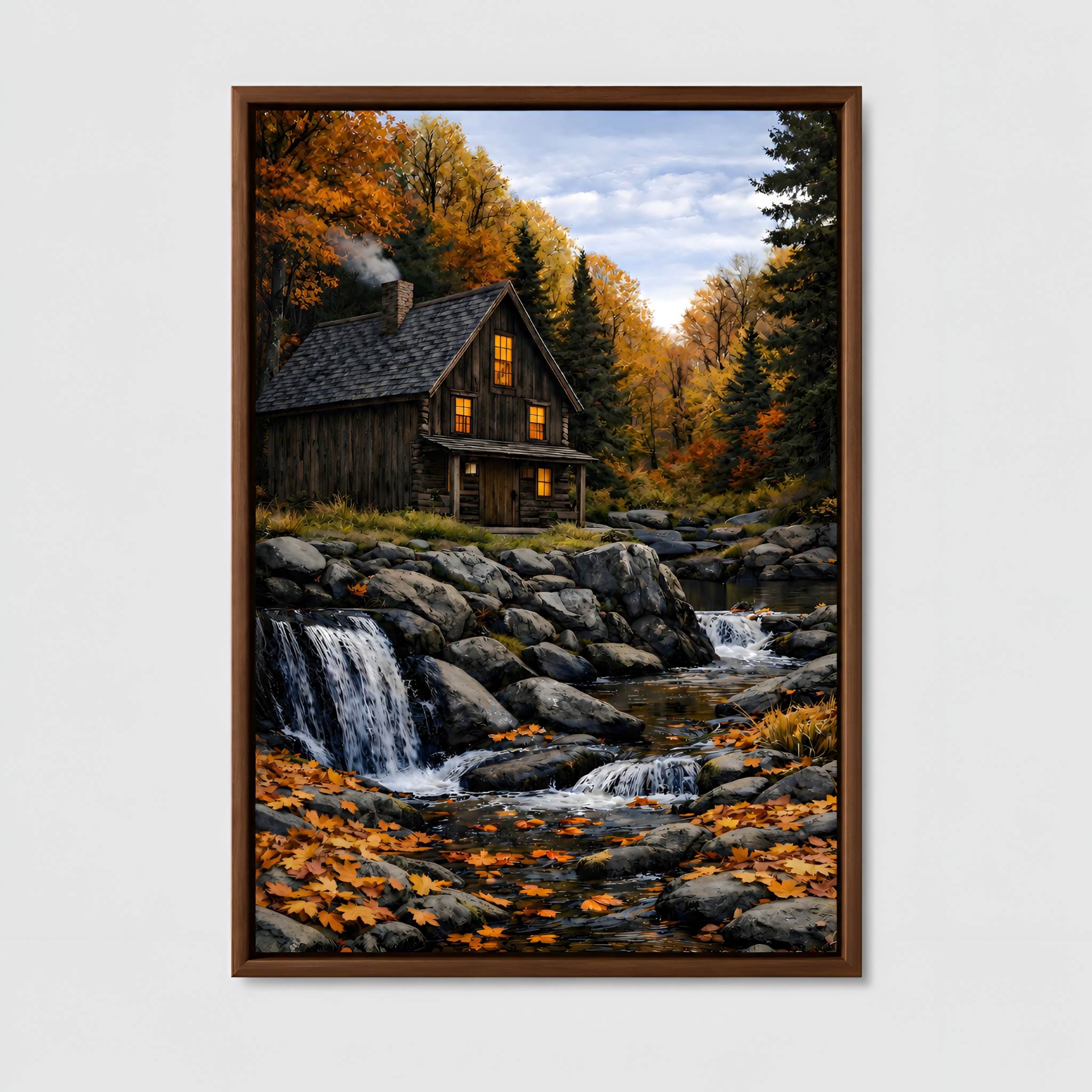 Rustic Cabin Waterfall Canvas 16x24/24x36 | New Hampshire Haven