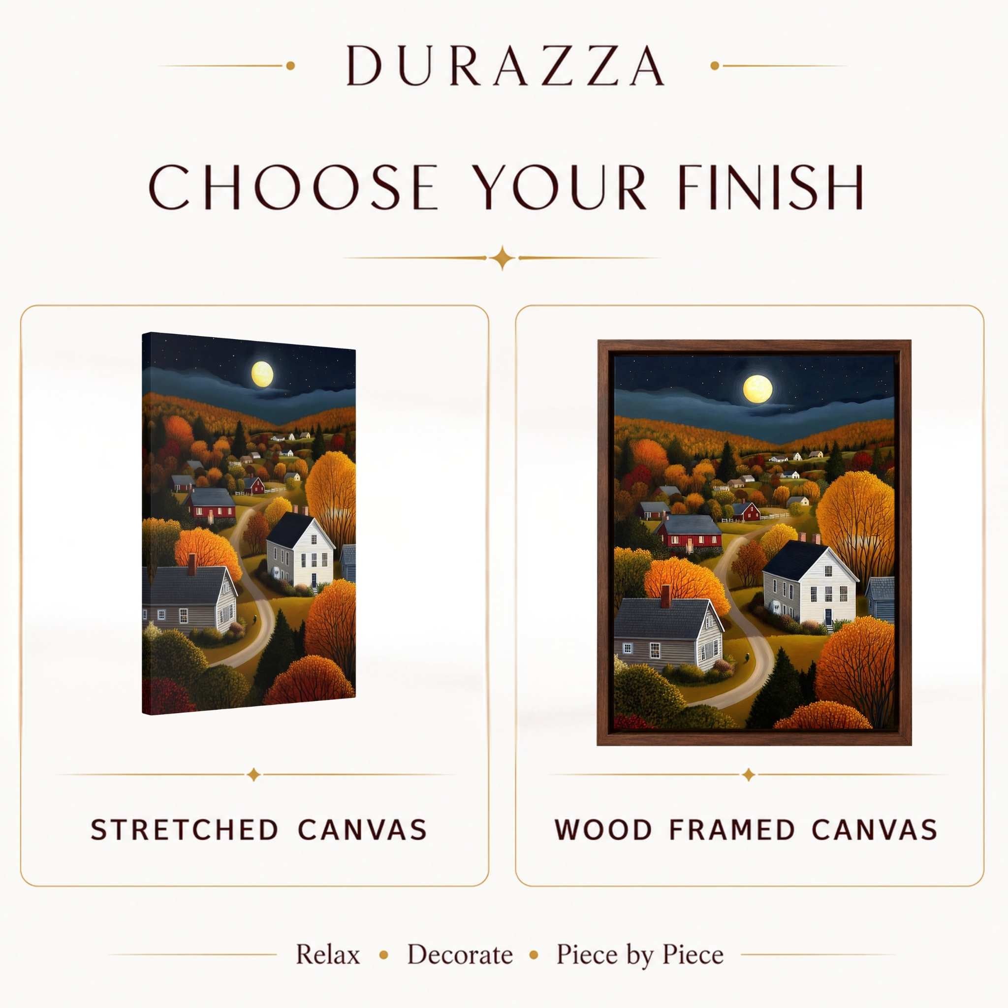 Choose between a stretched canvas or a walnut wood framed canvas art print of a countrysdie village in the Autumn.