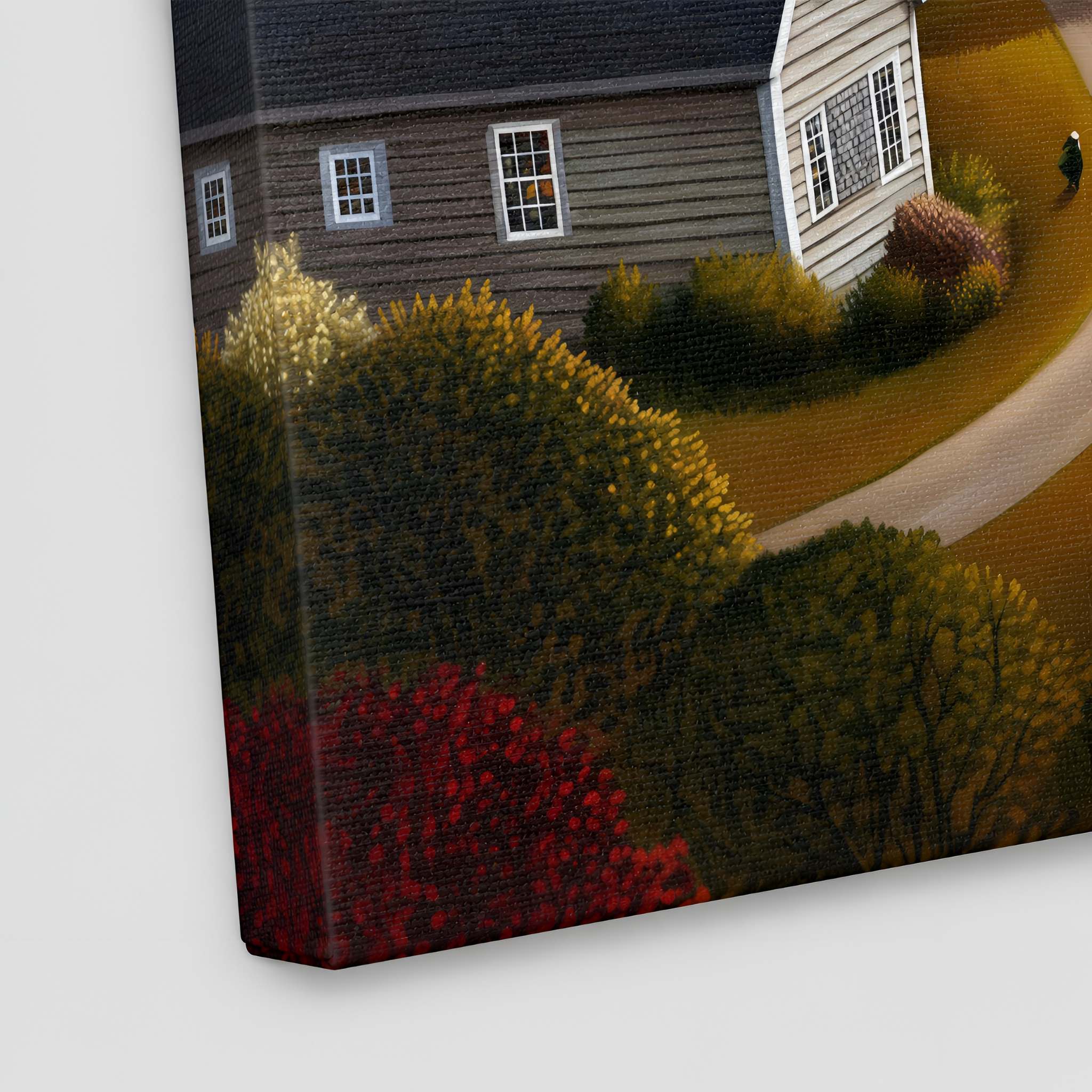 Closeup detail of canvas art print of a fall colored cottage village.