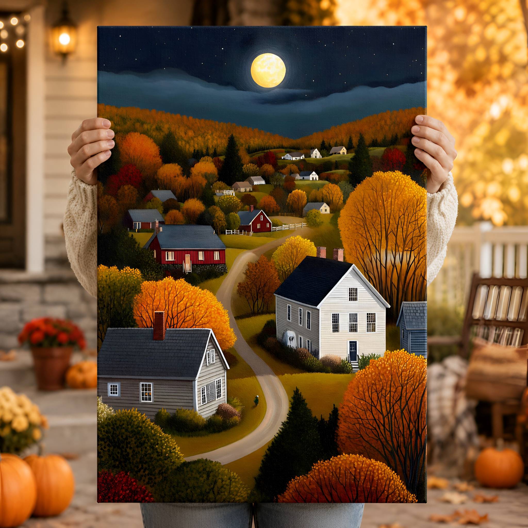 Moonlit Autumn Rustic Canvas 12x18 or 16x24 | Countryside Harvest
