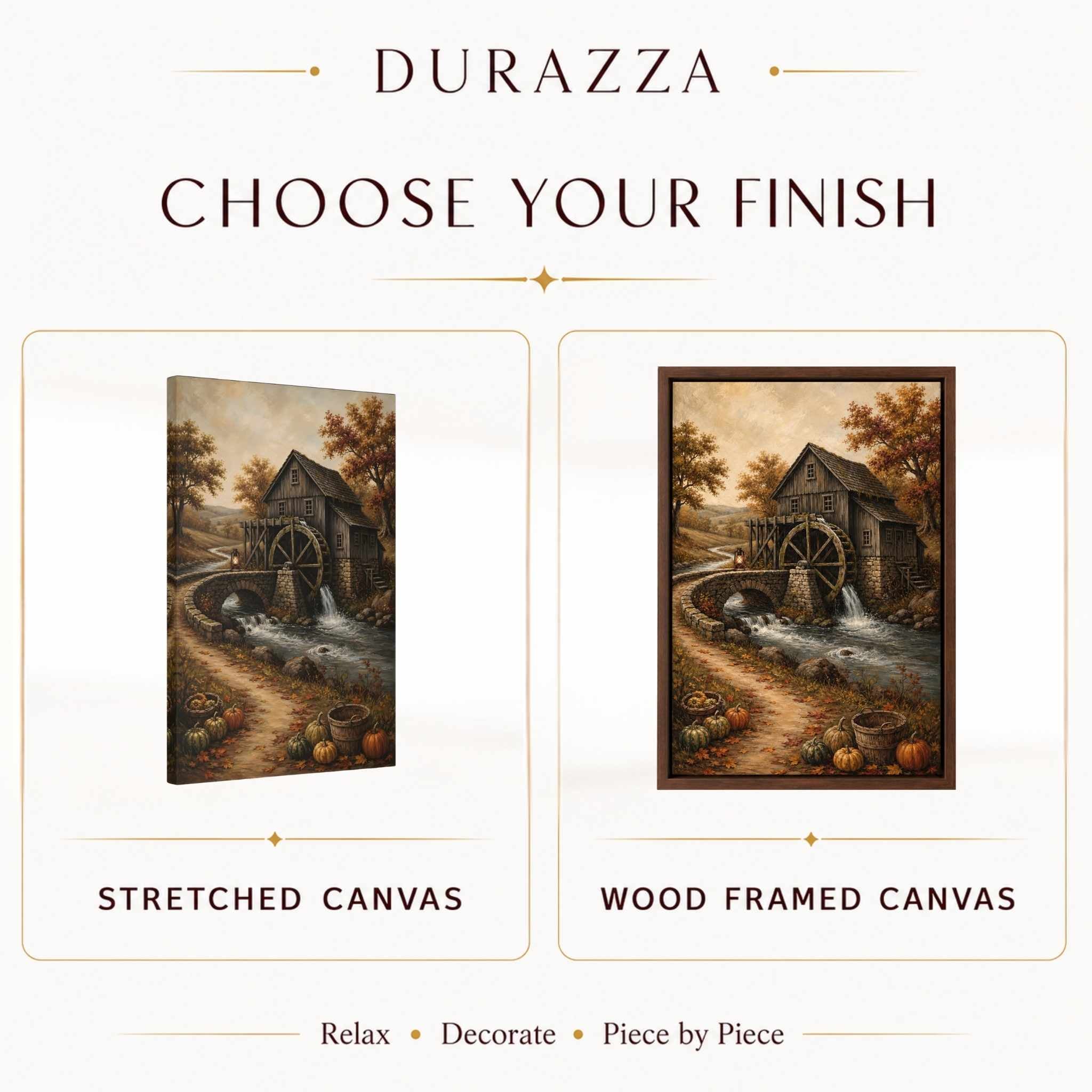 Two canvas prints of a watermill scene, one stretched and one wood framed, with 'Durazza' branding.