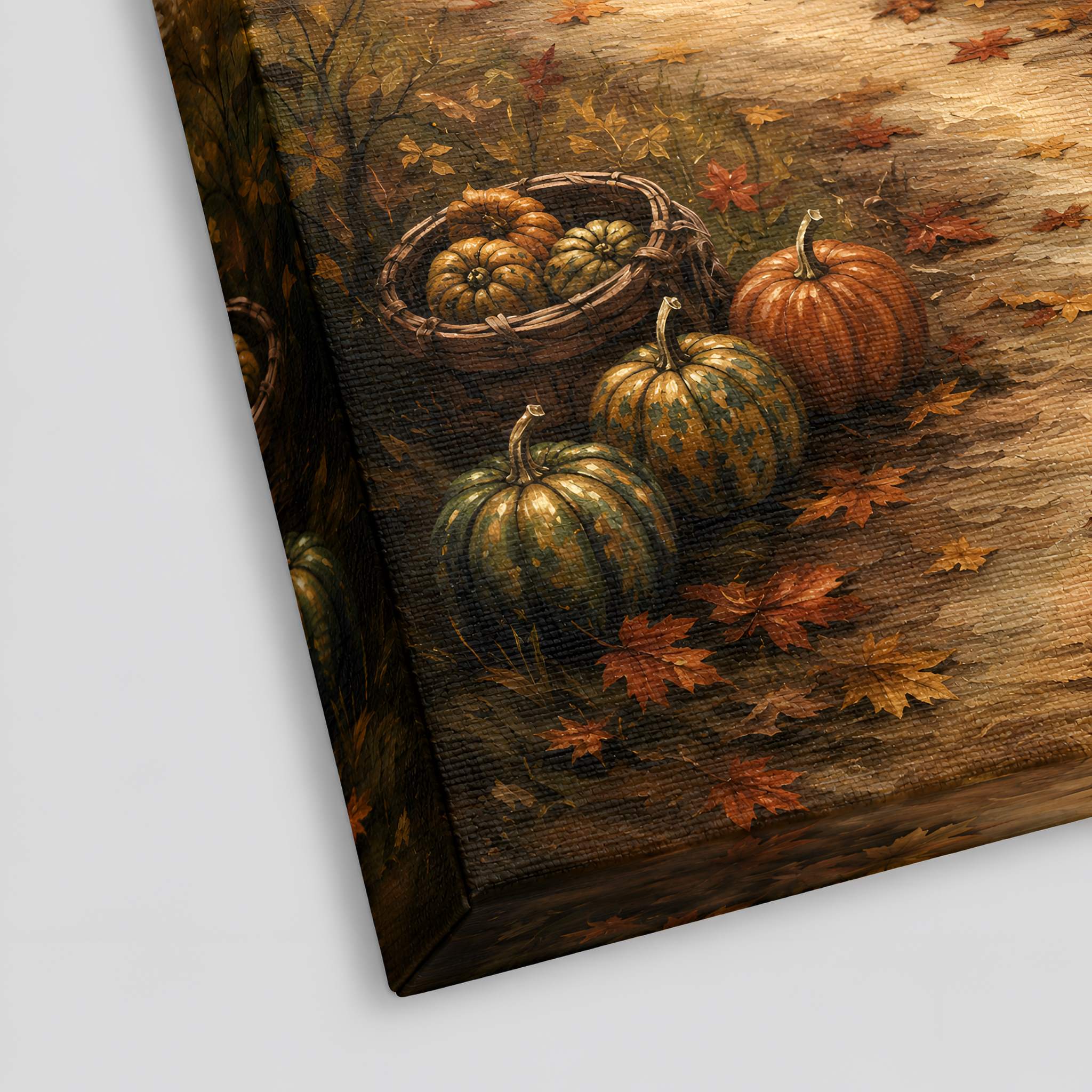 Canvas print of pumpkins and a basket on a wooden surface with autumn leaves.